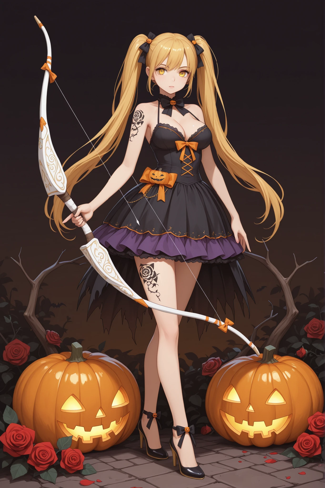 cleavage, tattoo, twintails, bow (weapon), jack-o'-lantern, rose, 1girl, yellow eyes, dress, solo, high heels, pumpkin, weapon, long hair