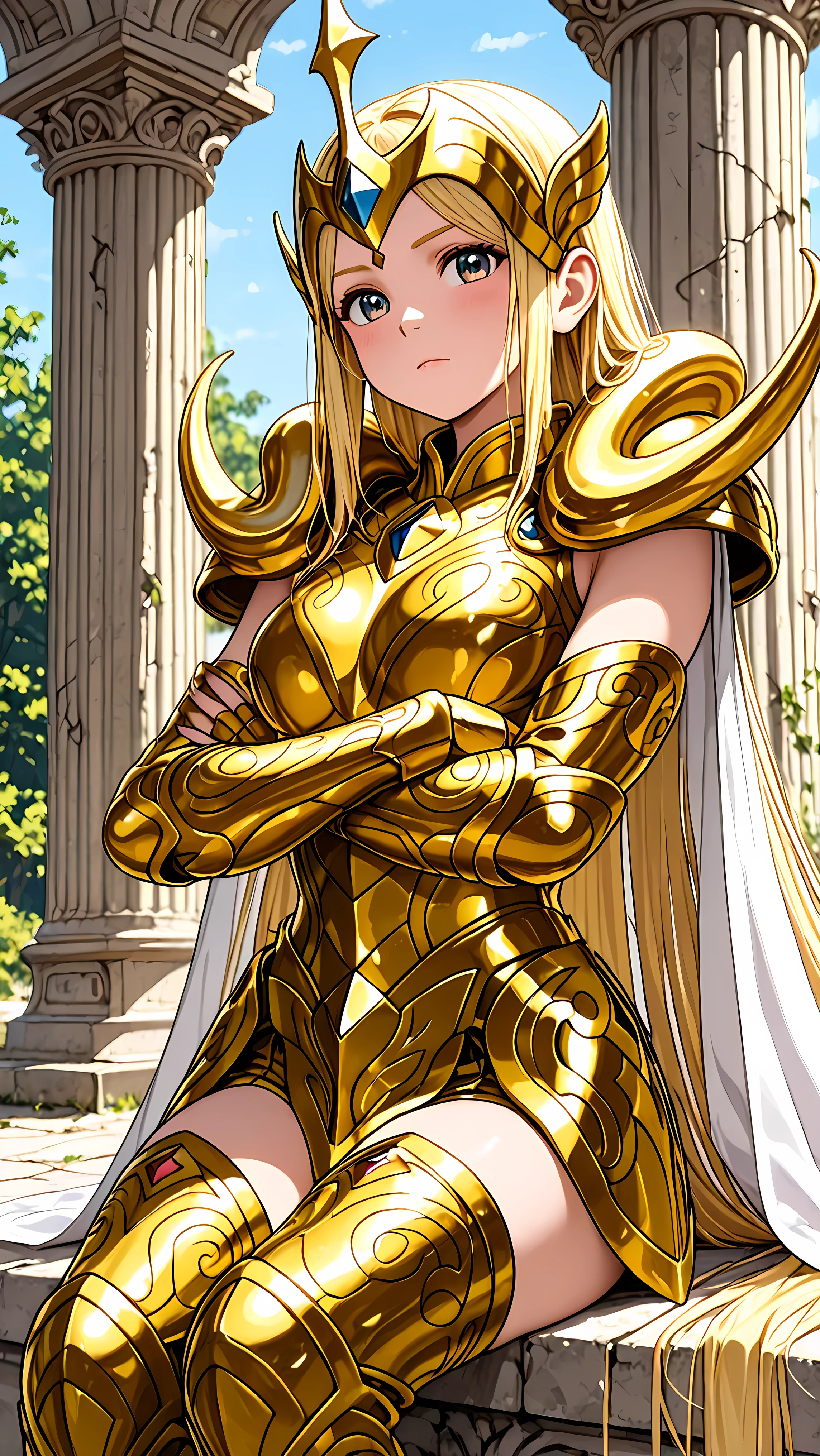 extremely detailed, anime design, intricate anime 2D graphics, intricate details, Lovely Youthful girl, flushed face,  intricate detailed face, ((little cute  teen girl)); round breasts, Pretty little girl in the Greek temple completely in ruins,flushed shame face ,((very long straight hair)); (((wearing a Golden armor aries)))); long white cape;(((( firm breasts)))); ((arms crossed)), ((shoulder resting on a column)); stunning drawn,) , Aesthetic_PDXL, detailxl, (masterpiece,detailed:1.2)