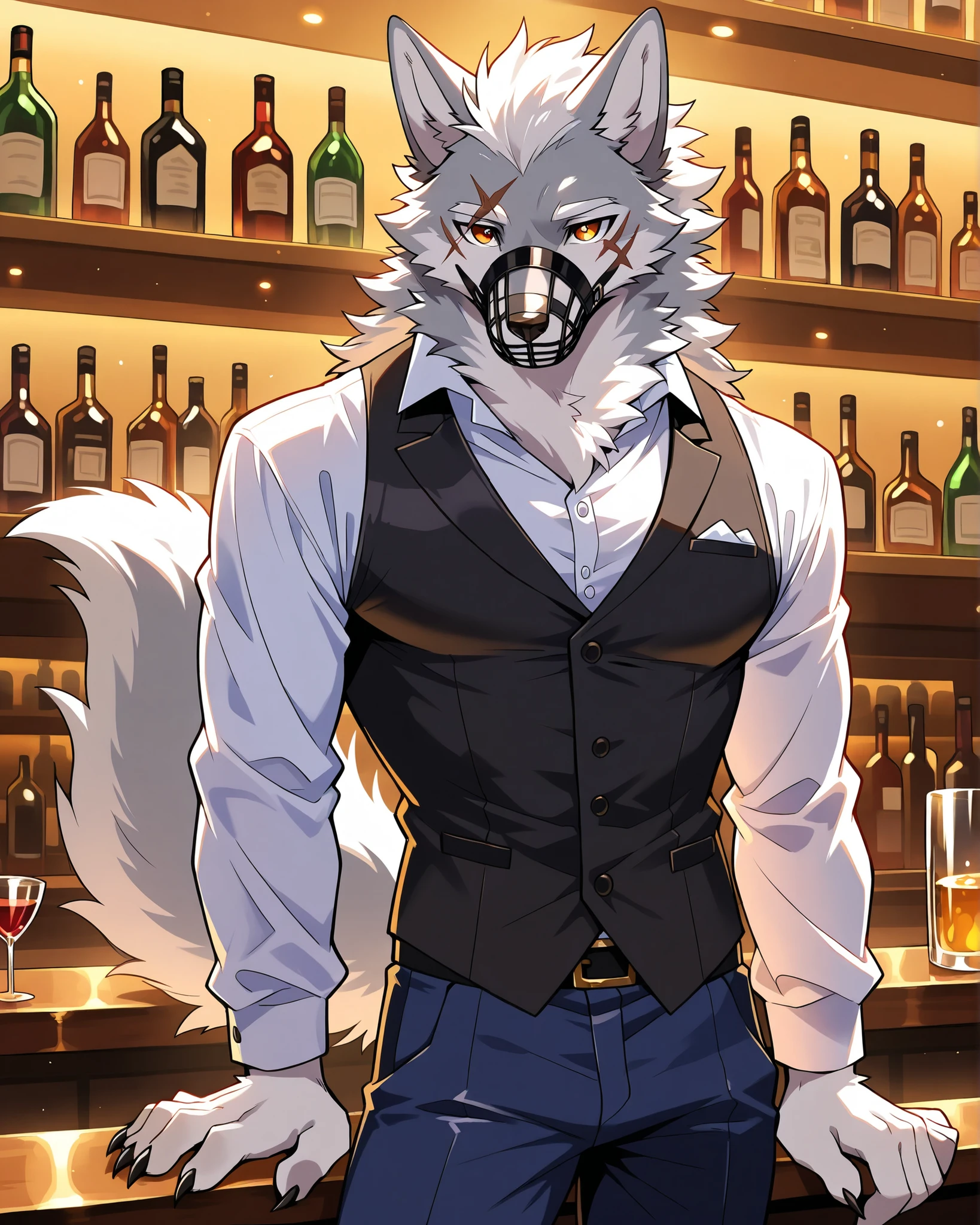 Furry Animal, furry, male skinny wolf, bar, random unique fur colors, random unique body designs, random unique hair styles, round eyes, bartender, white long-sleeve, black vest, pants on, black muzzle on, battle scar, scar on the face, model, neck tuff, cute, claws, waist shot, handsome, perfect, detailed, perfect body type, high resolution, anatomically accurate, detailed eyes, Best quality , 5 fingers, Ultra High Resolution, Delicate Eyes , Handsome, Takemoto Arashi, Handsome,delicate face, no elves, no sfw, no animals, no humans