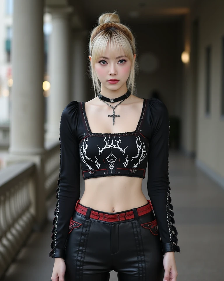 (Ultra-detailed eyes), (((textile shading))), (((Best Quality))), (((masutepiece))), (((Ultra-detailed CG))), sassy girl, (((magical little girl))), (Petite), (tiny chest), blonde hair, blonde hair, blonde hair, pin up emo, ((fluffy hair, gorgeous hair)), Pink eyes, (((strong gothic cyberpunk atmosphere, cowboy shot, a woman with red hair wearing a black top and plaid pants, cyberpunk art, gothic art, aesthetic cute with flutter, toon aesthetic, wearing red attire, wearing gothic accessories, midshot, centered image, eye on camera, front look, closer