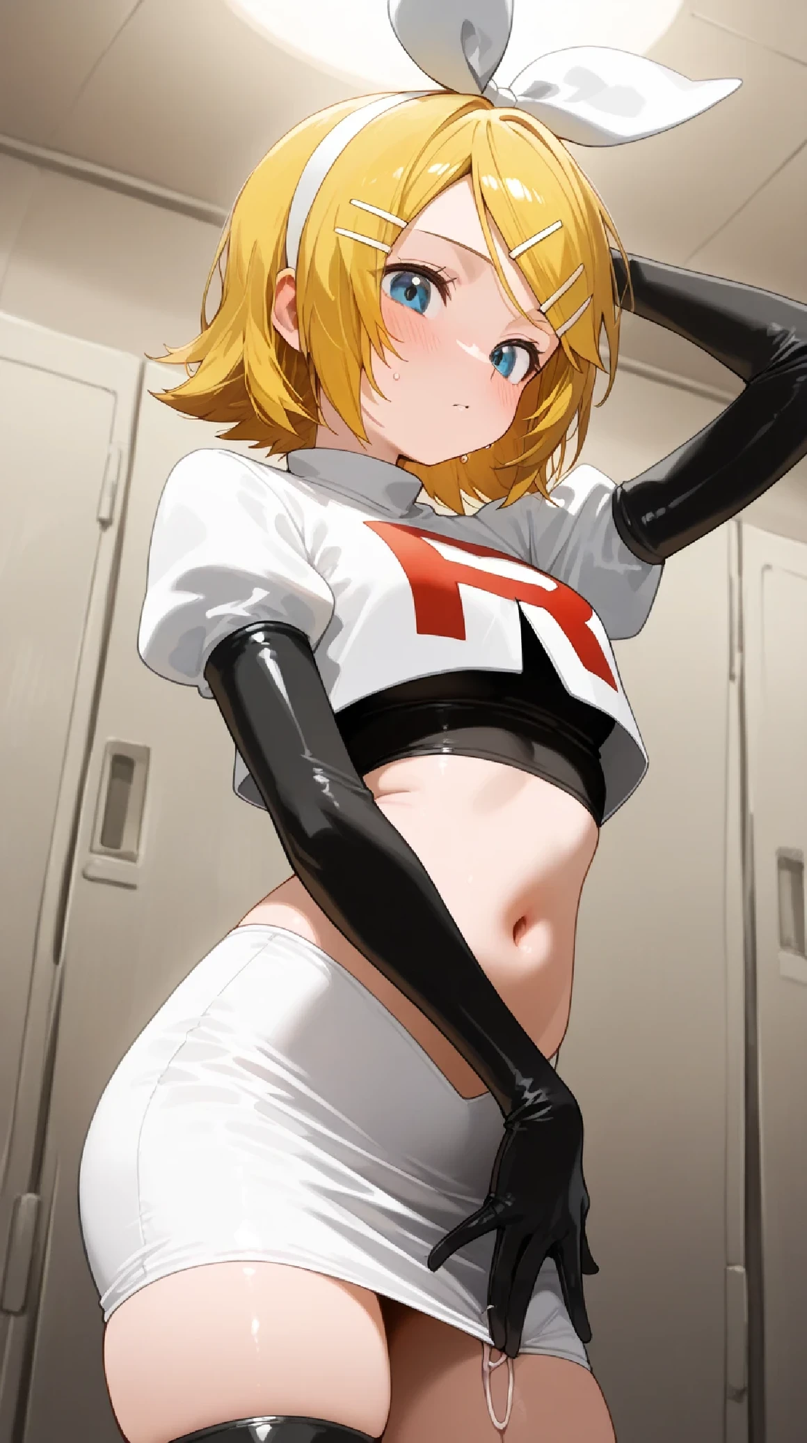 (masterpiece) ,best quality,amazing quality,very aesthetic,absurde,most recent, kagamine rin (VOCALOID), Team Rocket ,Team Rocket uniform,jupe blanche,lettre rouge R,haut court, Cuisse noire ,gants de coude noirs, 1girl, kagamine rin,cheveux courts,blonde,Please cover your head with a thin,bandeau blanc,hair bow,white knot seen just below,barrette,arrange ma frange,yeux bleus,placez votre main sur le bas de votre dos,Prick the umbilical cord with your finger, American Plan