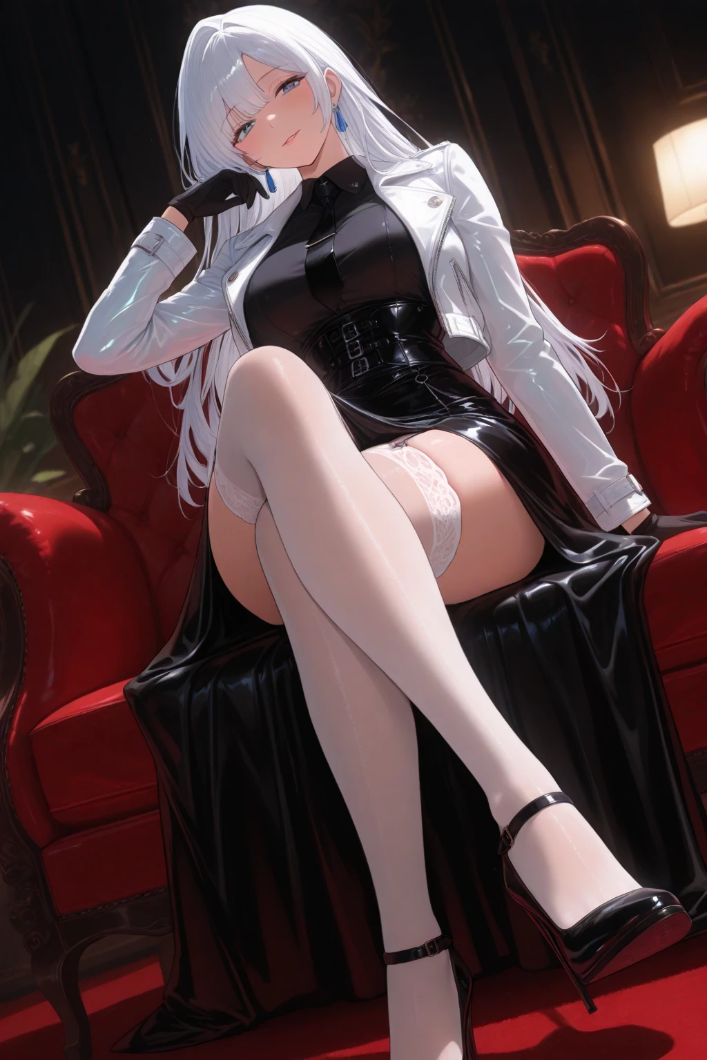 （（（Best quality）））， （（ultra - detailed））， （In the office）， （highly detailed CGillustration）， （（Very fine and beautiful）），Mature and beautiful，flustered, full blush, view the viewer，Ultra-detailed CG，Exquisite facial features，Clear facial expressions，Detailed digital anime art，Digital anime art，High quality anime art style, (Masterpiece), Best quality, Perfect face, ((1girll)), Mature woman, Leaning forward, ((Very long gray hair:1.5)), High ponytail, extremely giant , Hanging , cleavage, Narrow waist, ((ribbon:1.2)), Wearing glasses, ((Superskirt:1.5)), choker necklace, The shirt, Business suit, ((red skirt:1.2)), ((The skirt was blown away)), ((Mini tight skirt: 1.5)), ((full body:1.5)), High heels, Garters, ((Lace stockings:1.2)), ((Long and slender legs)), Beautiful legs,Erotic,Seductive pose, ((show , Show panties:1.2))，accidental exposure, ((standing:1.2)), (:1.2), ((Front Shooting)), Slender figure，（nurses uniform:1.5）, waist-up