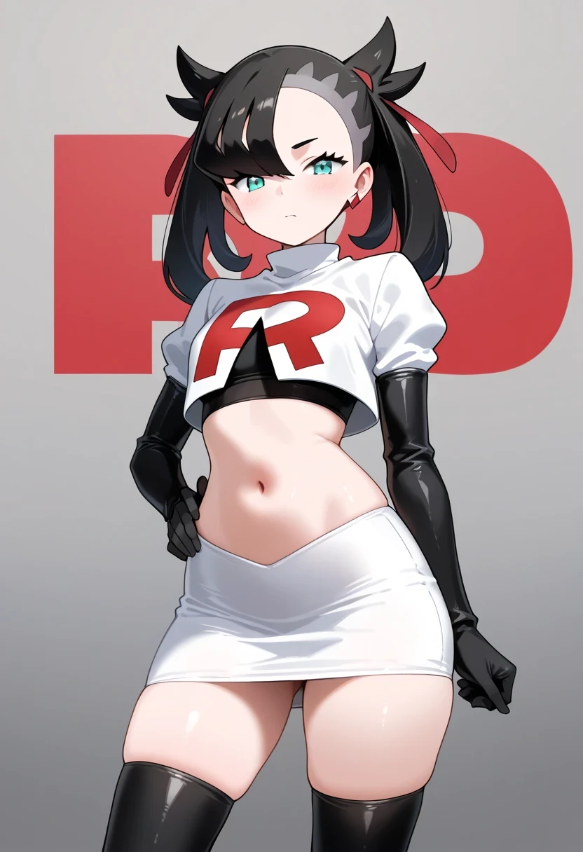 (masterpiece) ,best quality,amazing quality,very aesthetic,absurdes,most recent, Marnie (pokemon), Team Rocket ,Team Rocket uniform,jupe blanche,lettre rouge R,haut court,bottes hautes noires jusqu'aux cuisses,gants de coude noirs, 1girl,yeux aquatiques, aerial bangs , Diadem on head, cheveux noirs, hair ruban, cheveux longs, red ruban, ruban, twintails,boucles d'oreilles, American Plan