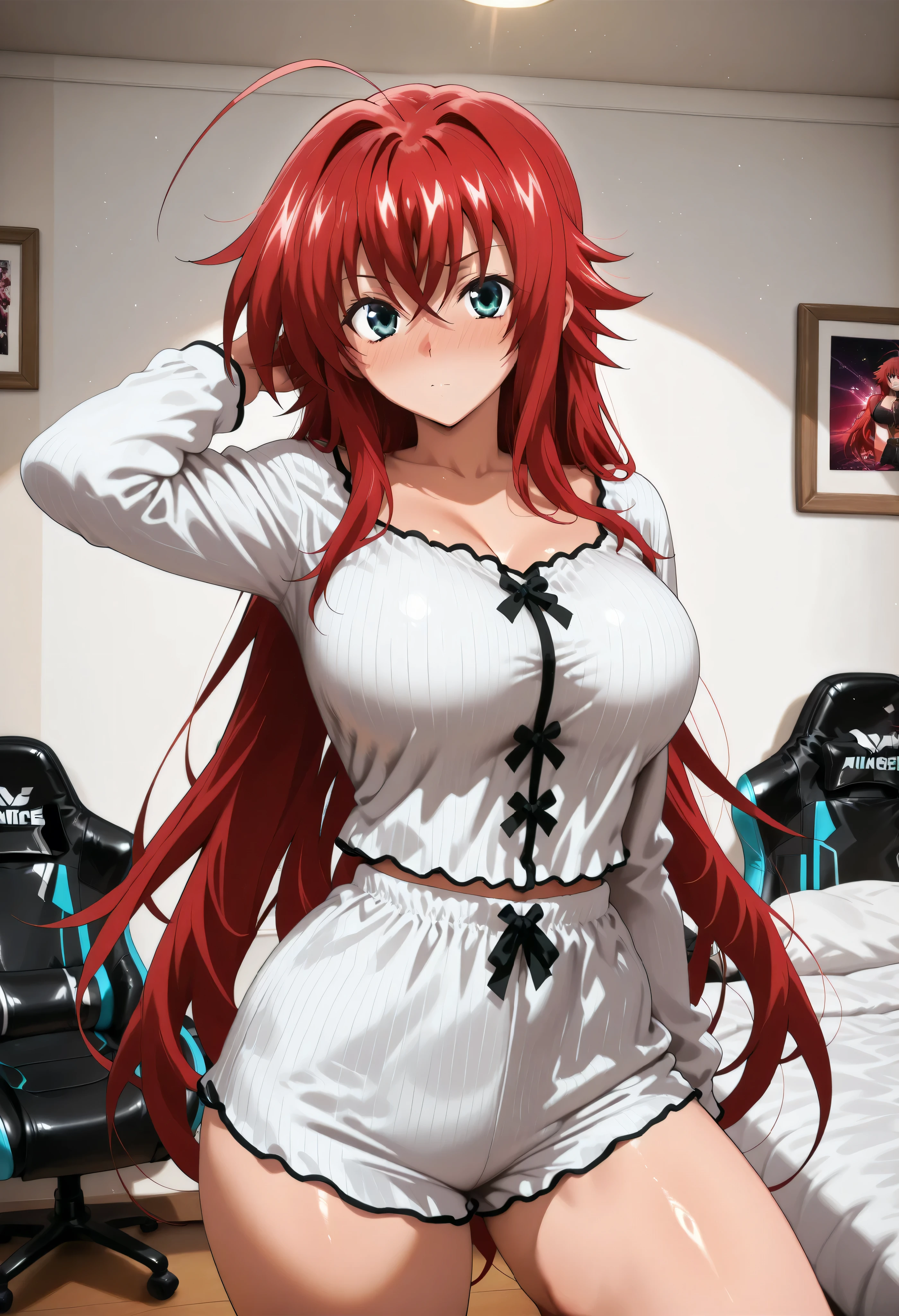 score_9, score_8_up, score_7_up, score_6_up, score_5_up, score_4_up, masterpiece, high quality, shiny skin, shiny hair, shiny body, clear body, large breasts, nose blush, nice legs, standing, nice legs, posing, SFW, looking at viewer, thick thigh, thick thighs, nice face, large breasts, solo, , rias gremory, huge ahoge, long hair, hair between eyes, green eyes, red hair,, bedroom, posing, pose, contrapposto, detailed bedroom, bed, gaming chair, gaming pc, pants, pants, fully pants, ht_pajamas,laces