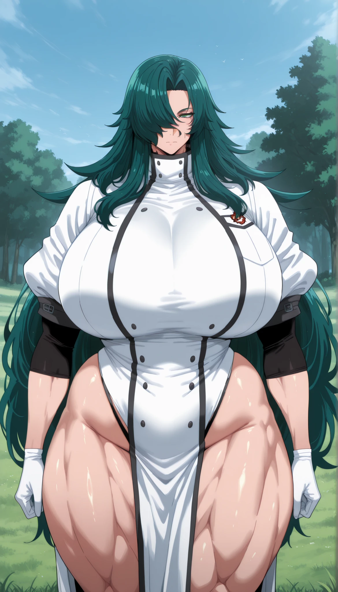 detailed background, masterpiece, detailed face,1woman, mature, solo, long hair, solo, gloves, in bikini and thong, green hair, hair over one eye, green eyes, white gloves, outdoors, grass, day, very long hair, sky, tree, closed mouth, huge breasts, thick muscular thighs, wide curvy hips, voluptuous body, Curvy body, thicc woman, front view,