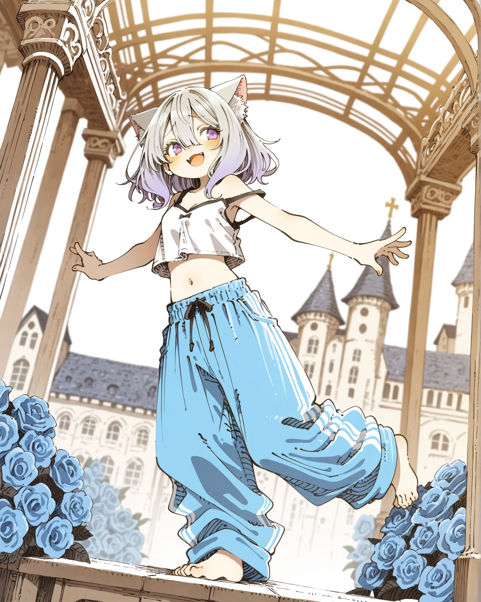 ((Abara Heiki style)), ((Abara Heiki style)), ((Masterpiece)), ((best quality, amazing quality)), ((very aesthetic, absurdres, newest)), ((detailed background, negative space, blurry background, depth of field, Asymmetrical background)), ((halftone)), (dynamic angle, from side), (cinematic lighting), ((1girl)), Cute young Girl, (Healthy Gaunt body, Textured skin, small , cleavage, tilt head), Big eyes, (pale purple eyes, gradient eyes, averting eyes, looking at side), (platinum-gold hair, medium hair), (hair between eyes, long bangs, long side bangs), gradient hair, blue color Hair Tip, open mouth, sharp fangs, blush, ( smile, face with raised eyebrow, furrowed brow), (cute cheeks), glossy lips, pouty lips, (lower eyelashes), fuzzy cat ears, BREAK, ((loose pale grey croptop, croptop overhang, strap slip, sportswear croptop, left shoulder, cute navel)), slightly exposed small , slightly exposed cleavage, (luxury baggy pants, exposed lower abdomen), (Balancing, loose standing, toe up, inside the gazebo), Beautiful blue roses garden, blooming many roses, (blossoming blue roses), outdoor, aged garden, sunnyday, distinct, (heavy outline), fantastic (theme), (european architecture),