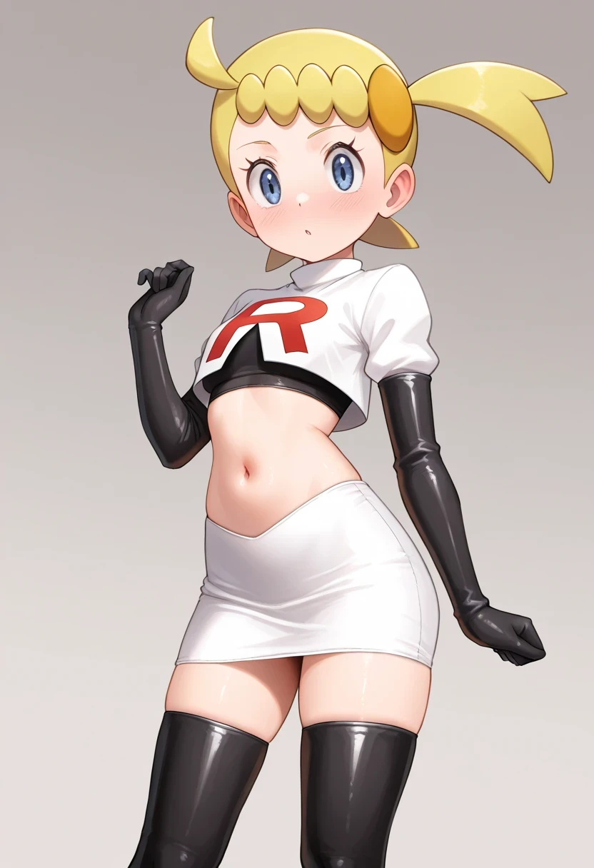 (masterpiece) ,best quality,amazing quality,very aesthetic,absurdes,most recent, Bonnie (pokemon), Team Rocket ,Team Rocket uniform,jupe blanche,lettre rouge R,haut court,bottes hautes noires jusqu'aux cuisses,gants de coude noirs, 1girl, yeux bleus, Ahogé, cheveux blonds, ornement de cheveux, cheveux courts, lateral ponytail,, American Plan
