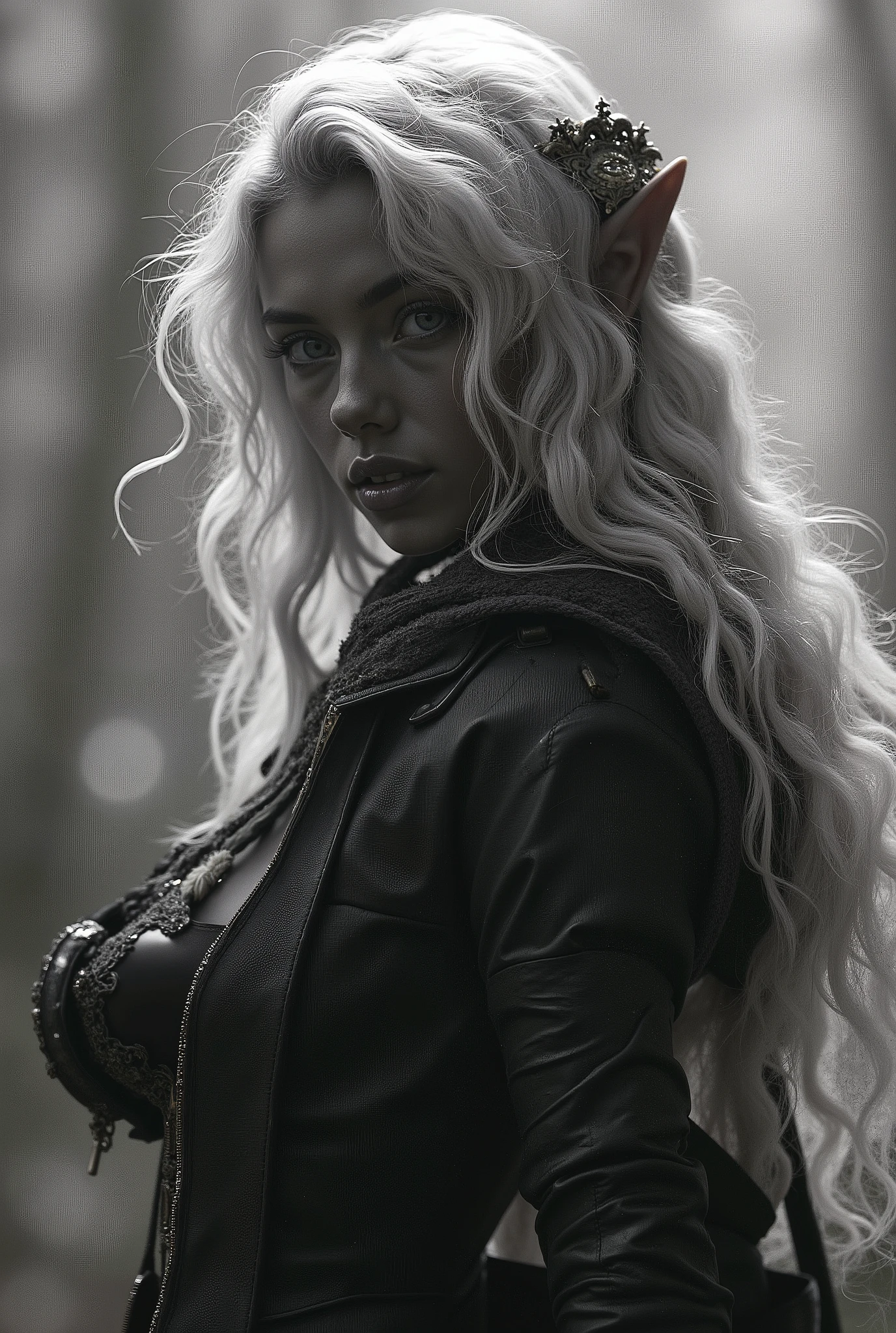 ,гиперреалистичная фотография,насыщенные теплые цвета,стиль фото 1980хх : ((1a grey-skinned teen-European woman -dark elf(Drow), ((a dark elf,(drow),темно-серая кожа, красные глаза, серебристые волосы)), pointed elf ears, grey skin, light silver hair, closed mouth, dynamic pose, complex fantasy character, cinematic lighting, fantasy, magic, best quality, HDR, 8k, photorealistic, RAW photo, highly detailed (grey skin,Drow-elf),beautysexy body,skinned,(темно-серая кожа,темный эльф, мускулистые стройные бедра и икры,худое стройное тело,выступающие ребра,легкий наклон головы, сексуальность,)) одета в кожанную мотоциклетную байкерскую куртку, короткий камуфляжный серо-черный топик, на ногах черные кожаные штаны,, быстро едет верхом на своем мотоцикле Harley Davidson Fanboy, ее волосы развиваются на ветру,глаза прищурены, крупный план, быстрая езда на мотоцикле, шоссе,включена фара мотоцикла,размытый задний фон с Лос-Анжелесом позади,