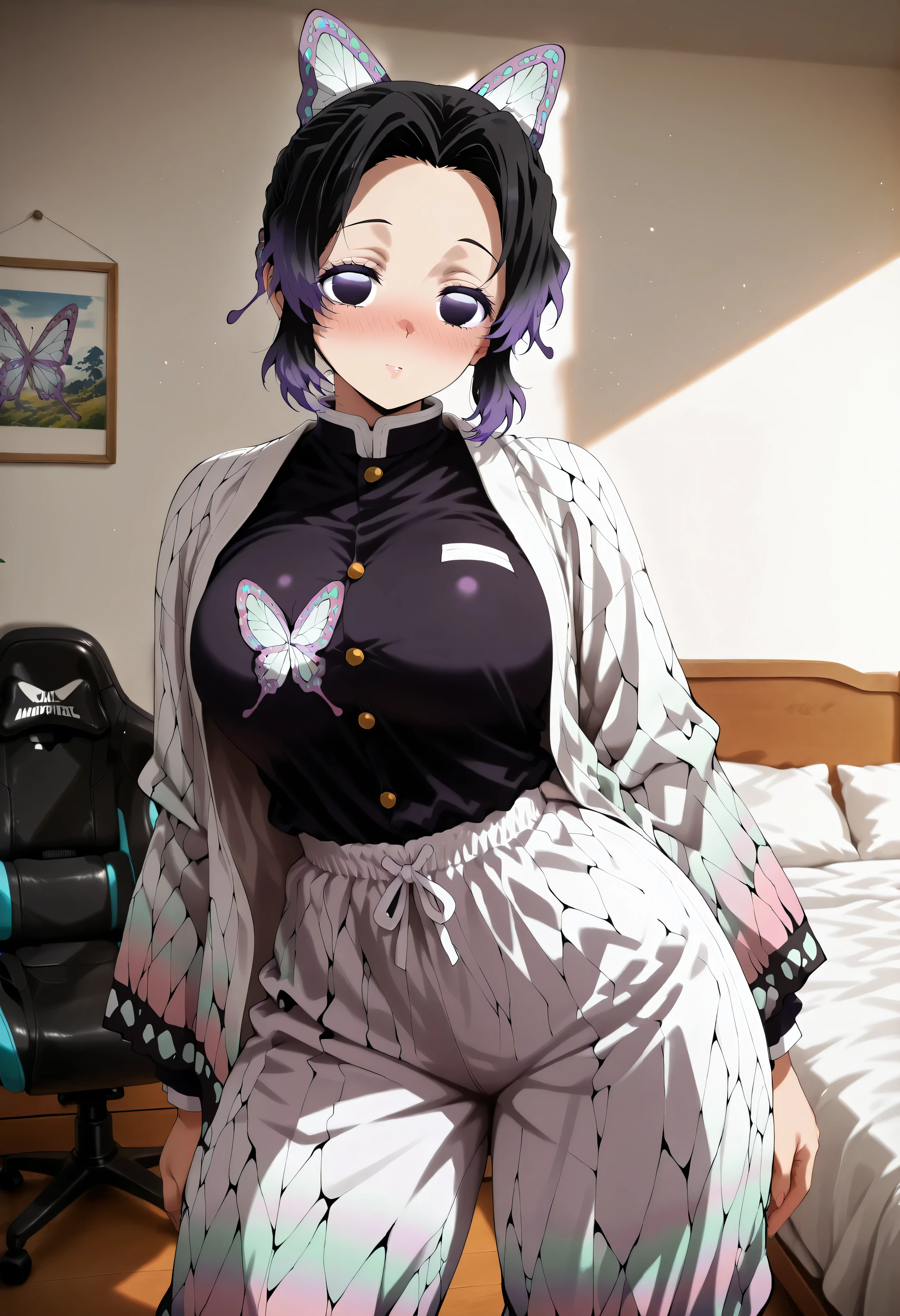 score_9, score_8_up, score_7_up, score_6_up, score_5_up, score_4_up, masterpiece, high quality, shiny skin, shiny hair, shiny body, clear body, large breasts, nose blush, nice legs, standing, nice legs, posing, SFW, looking at viewer, thick thigh, thick thighs, nice face, large breasts, solo, , shinobu kochou, animal print, black hair, butterfly, butterfly hair ornament, butterfly print, forehead, gradient hair, hair ornament, haori, multicolored hair, parted bangs, purple hair, short hair, two-tone hair, bedroom, posing, pose, contrapposto, detailed bedroom, bed, gaming chair, gaming pc, pants, pants, fully pants, ht_pajamas,laces