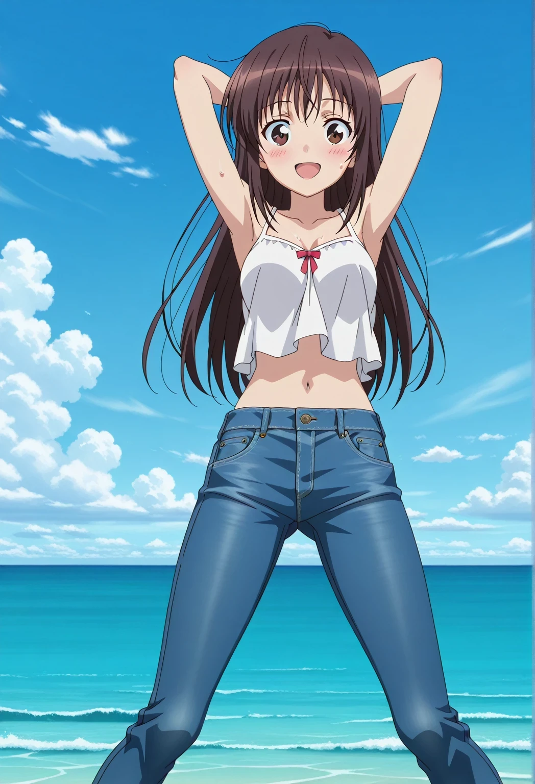 score_9, score_8_up, score_7_up, source_anime, highres, hi res, ((best quality, top quality, perfect quality, Highest Quality, amazing quality)), {{masterpiece}}, {{an extremely delicate and beautiful}}, 2d, intricate details, official style, anime, 8k, anime style, official_anime, official art, digital painting, cell shading, soft shading, high resolution, soothing tones, Subdued Color, Soft cinematic light, adobe lightroom, photolab, HDR, intricately and hyper-detailed, ((high quality animation)), 1 girl, Alone, solo, ((ocean)), tsunami, on the water, day, sunny, outdoors, sky, windy, Sei Takanashi, The Saint’s Magic Power Is Omnipotent, dark brown eyes, dark brown hair, long hair, anime screencap, medium breasts, white camisole top, crop top, white crop top, best quality, hyper-detailed jeans, ((blue jeans:1.9)), (dark blue jeans:0.6), full medium body, medium shot, Open mouth, smiling, happy face, blush, sweat, standing, ((arms behind head:6.0)), ((perfect arm line:2.5)), bowlegged, natural standing pose, action, looking at viewer, spread legs, Bend knees slightly, straight-on front view