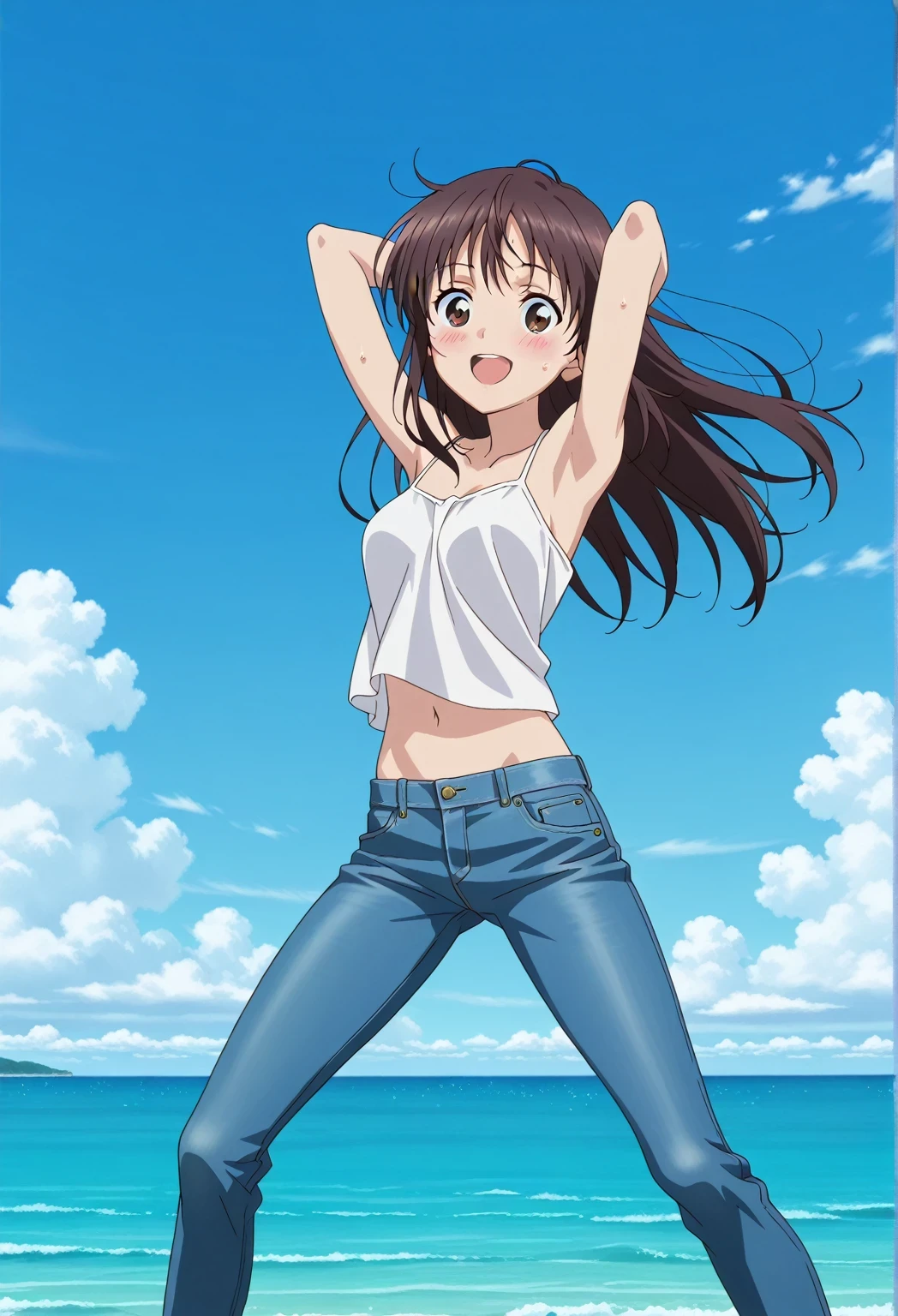 score_9, score_8_up, score_7_up, source_anime, highres, hi res, ((best quality, top quality, perfect quality, Highest Quality, amazing quality)), {{masterpiece}}, {{an extremely delicate and beautiful}}, 2d, intricate details, official style, anime, 8k, anime style, official_anime, official art, digital painting, cell shading, soft shading, high resolution, soothing tones, Subdued Color, Soft cinematic light, adobe lightroom, photolab, HDR, intricately and hyper-detailed, ((high quality animation)), 1 girl, Alone, solo, ((ocean)), tsunami, on the water, day, sunny, outdoors, sky, windy, Sei Takanashi, The Saint’s Magic Power Is Omnipotent, dark brown eyes, dark brown hair, long hair, anime screencap, medium breasts, white camisole top, crop top, white crop top, best quality, hyper-detailed jeans, ((blue jeans:1.9)), (dark blue jeans:0.6), full medium body, medium shot, Open mouth, smiling, happy face, blush, sweat, standing, ((arms behind head:6.0)), ((perfect arm line:2.5)), bowlegged, jumping pose, action, looking at viewer, spread legs, Bend knees slightly, straight-on front view