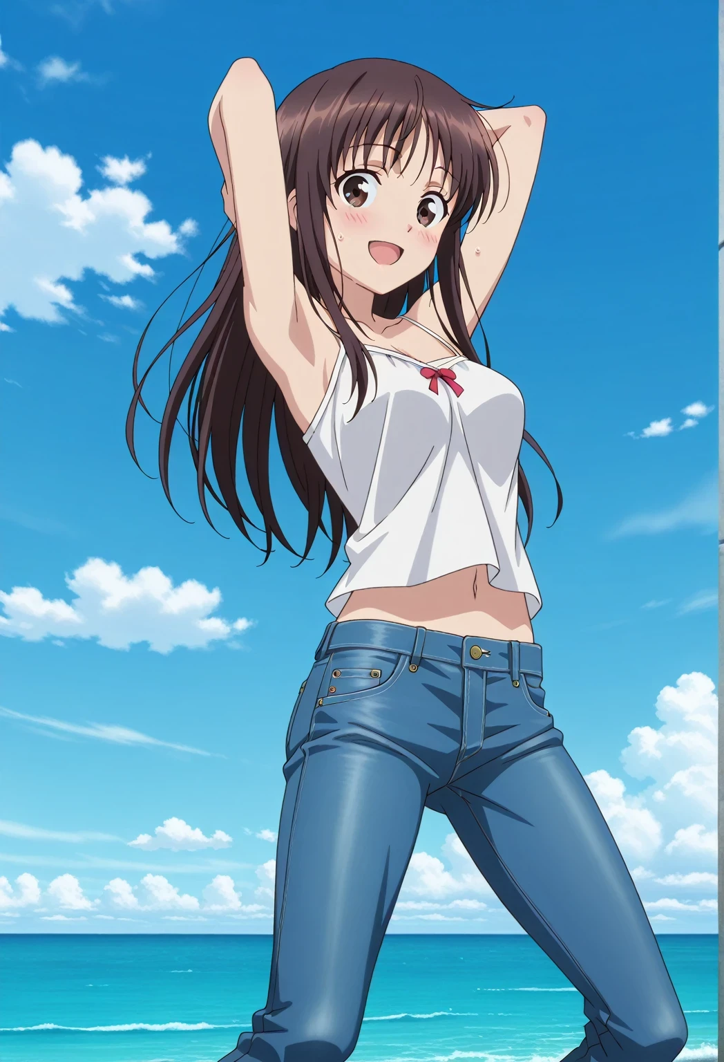 score_9, score_8_up, score_7_up, source_anime, highres, hi res, ((best quality, top quality, perfect quality, Highest Quality, amazing quality)), {{masterpiece}}, {{an extremely delicate and beautiful}}, 2d, intricate details, official style, anime, 8k, anime style, official_anime, official art, digital painting, cell shading, soft shading, high resolution, soothing tones, Subdued Color, Soft cinematic light, adobe lightroom, photolab, HDR, intricately and hyper-detailed, ((high quality animation)), 1 girl, Alone, solo, ((ocean)), tsunami, on the water, day, sunny, outdoors, sky, windy, Sei Takanashi, The Saint’s Magic Power Is Omnipotent, dark brown eyes, dark brown hair, long hair, anime screencap, medium breasts, white camisole top, crop top, white crop top, best quality, hyper-detailed jeans, ((blue jeans:1.9)), (dark blue jeans:0.6), full medium body, medium shot, Open mouth, smiling, happy face, blush, sweat, standing, ((arms behind head:6.0)), ((perfect arm line:2.5)), bowlegged, jumping pose, action, looking at viewer, spread legs, Bend knees slightly, straight-on front view