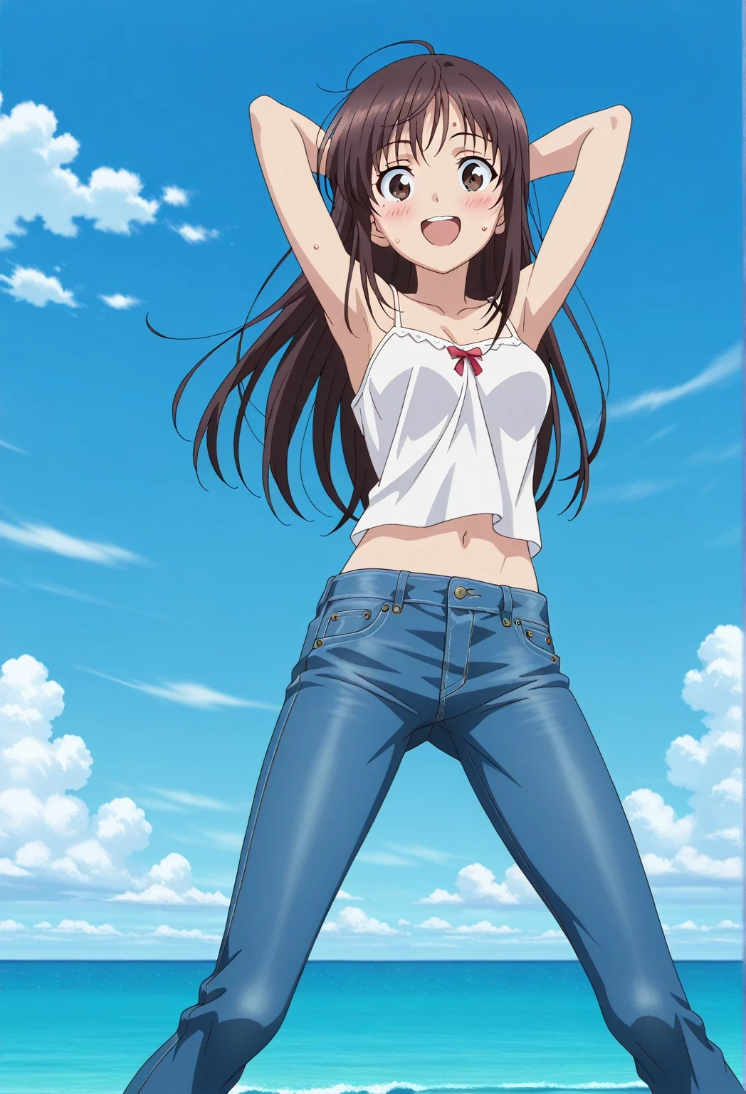 score_9, score_8_up, score_7_up, source_anime, highres, hi res, ((best quality, top quality, perfect quality, Highest Quality, amazing quality)), {{masterpiece}}, {{an extremely delicate and beautiful}}, 2d, intricate details, official style, anime, 8k, anime style, official_anime, official art, digital painting, cell shading, soft shading, high resolution, soothing tones, Subdued Color, Soft cinematic light, adobe lightroom, photolab, HDR, intricately and hyper-detailed, ((high quality animation)), 1 girl, Alone, solo, ((ocean)), tsunami, on the water, day, sunny, outdoors, sky, windy, Sei Takanashi, The Saint’s Magic Power Is Omnipotent, dark brown eyes, dark brown hair, long hair, anime screencap, medium breasts, white camisole top, crop top, white crop top, best quality, hyper-detailed jeans, ((blue jeans:1.9)), (dark blue jeans:0.6), full medium body, medium shot, Open mouth, smiling, happy face, blush, sweat, standing, ((arms behind head:6.0)), ((perfect arm line:2.5)), bowlegged, natural standing pose, action, looking at viewer, spread legs, Bend knees slightly, straight-on front view