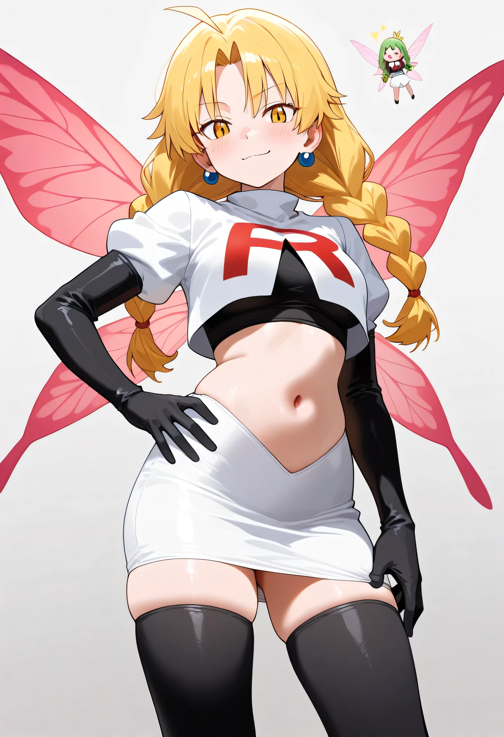 (masterpiece) ,best quality,amazing quality,very aesthetic,absurdes,most recent, Ramiris (that day, I reincarnated as Slime), Team Rocket ,Team Rocket uniform,jupe blanche,lettre rouge R,haut court,bottes hautes noires jusqu'aux cuisses,gants de coude noirs, 1girl, fairy tales, cheveux blonds, tresses jumelles, yeux jaunes,ailes roses,black earrings, American Plan