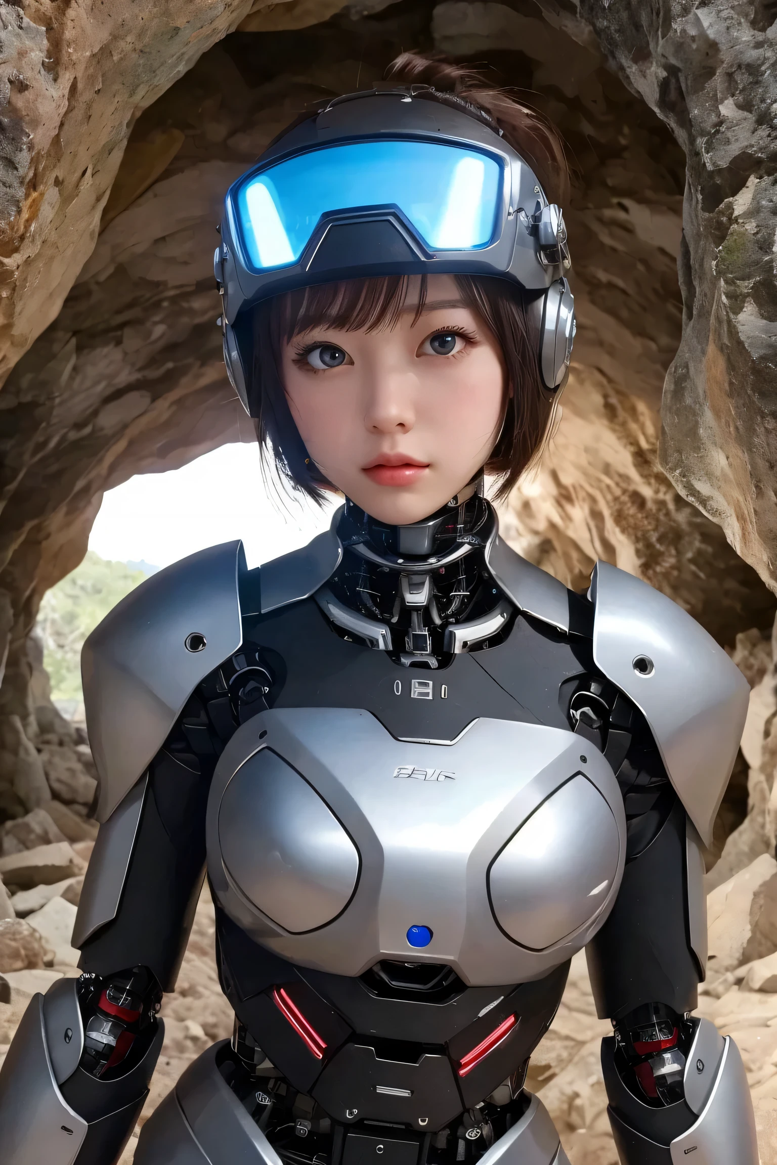 (最High Quality, High precision selection, masterpiece:1.2), }  、（pink cyber robot） 、（Exploring the underground）、there is a rock wall that seems to collapse、realistic:1.37,(perfect anatomy),masterpiece, 最High Quality, High Quality,  highest resolution,  1girl, solo, Cyborg Girl,  Chest armor repair, 黒い髪, hair bow, short hair, Dark Eyes, Modern weapons , robot exploring underground, Girl using Modern weapons ,,Mechanical heart、 Chest armor repair, Connected to a machine , heavy armored maiden using modern weapons, code,  cute face、big eyes、cute android girl,  stalactites are falling, in a cave, Underground exploration, cyber helmet, Cyberpunk,  turn on the headlights , I can see a lot of rocks