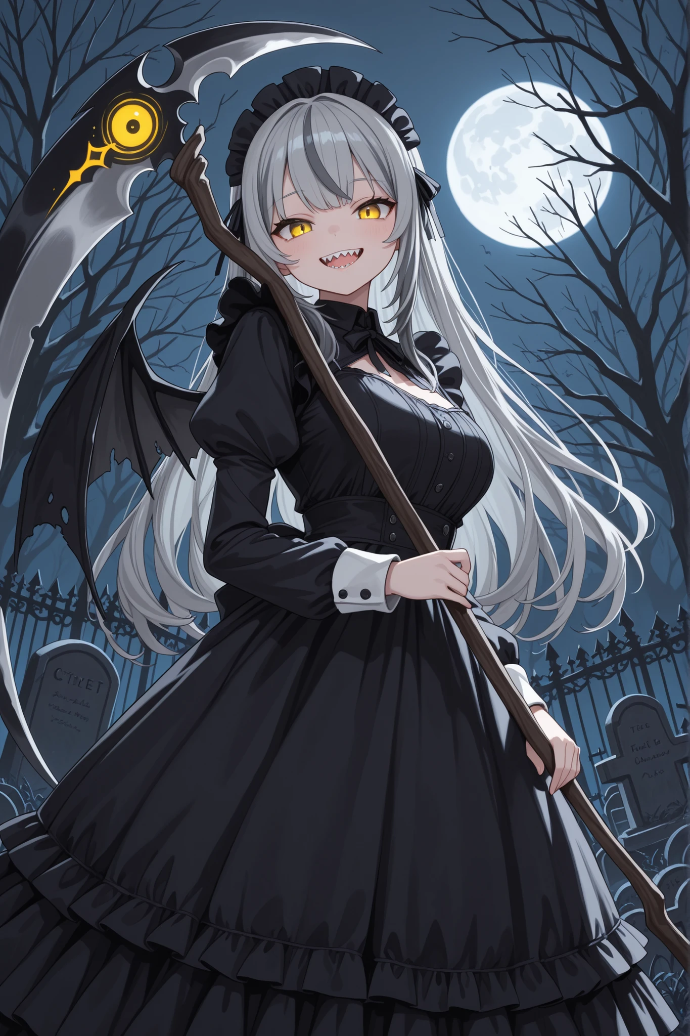 black dress, juliet sleeves, tree, open mouth, dress, holding scythe, full moon, holding, long sleeves, scythe, 1girl, yellow eyes, sharp teeth, solo, outdoors, smile, night, long hair, tombstone, grey hair, teeth, looking at viewer, wings, maid headdress, fence, multicolored hair, puffy sleeves, moon, graveyard, tree, virtual youtuber