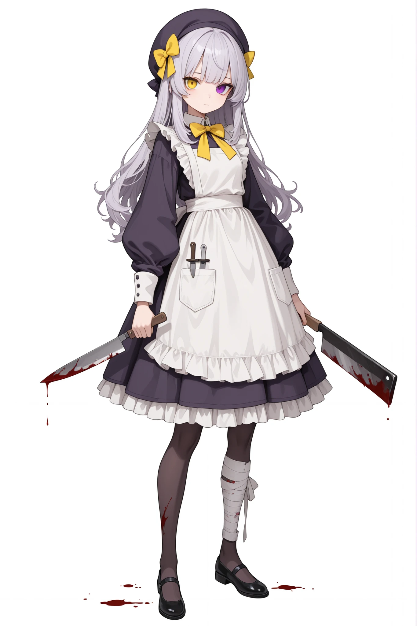 heterochromia, white background, hair bow, holding knife, dress, holding, hat, long sleeves, white apron, cleaver, purple eyes, bow, blood, full body, yellow bow, 1girl, standing, yellow eyes, solo, knife, pantyhose, long hair, closed mouth, simple background, looking at viewer, frills, apron, bandages, puffy sleeves, bandaged leg