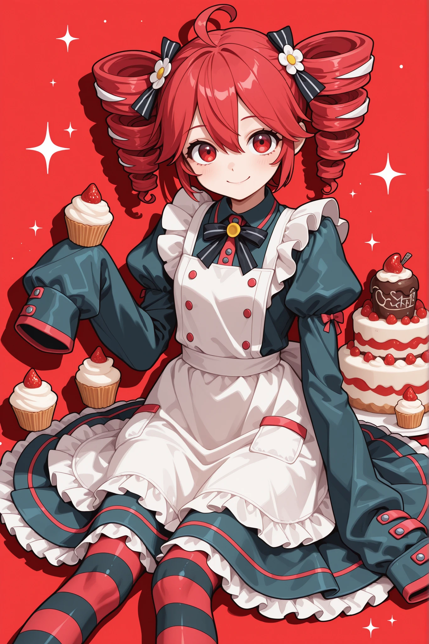 juliet sleeves, hair ornament, drill hair, dress, twin drills, red background, red hair, white apron, bow, sleeves past wrists, 1girl, solo, sleeves past fingers, smile, striped clothes, food, looking at viewer, drop shadow, frills, apron, puffy sleeves, sparkle, flower, cake, ahoge, red eyes, food on face, striped pantyhose, cupcake, kasane teto, sitting