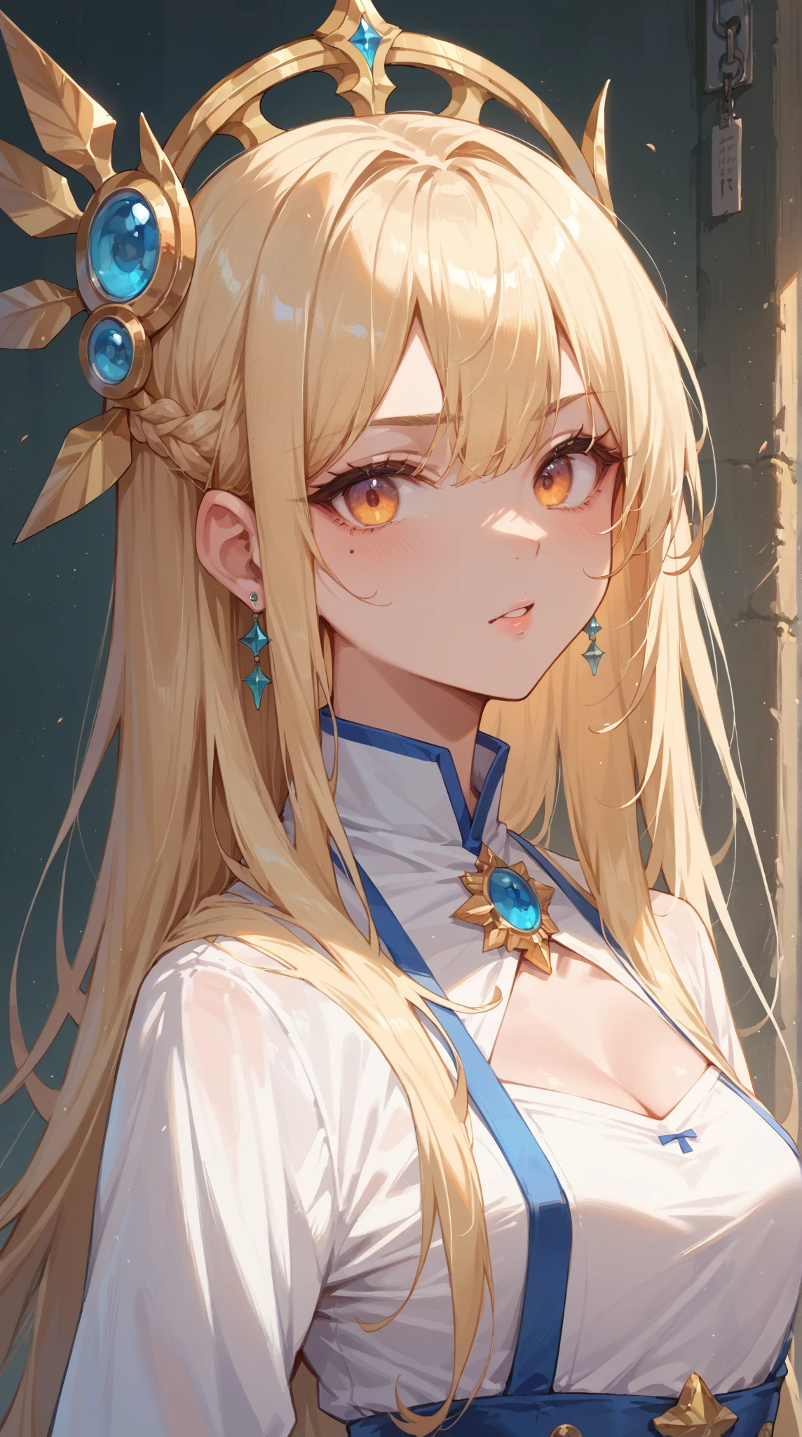 ????,bared  ?????,priestess, Blonde hair, Blue eyes, Long hair, hat, (tiny ?????:1.2),
BREAK (masutepiece:1.2), Best Quality, High resolution, Unity 8k壁纸, (Beautiful detailed eyes:1.6), extra detailed face, Perfect Lighting, extremely details CG, (Perfect hands, Perfect ???????),