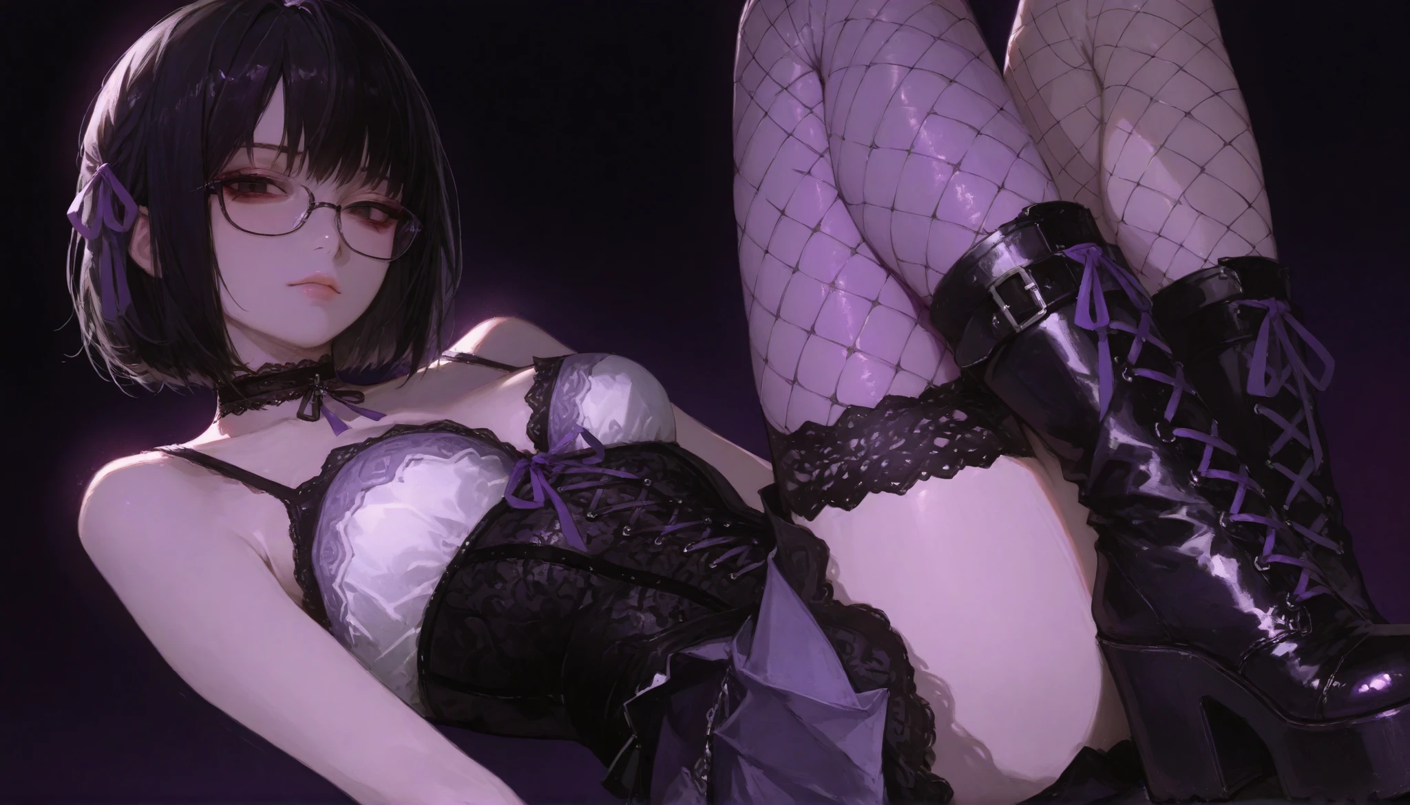 1girl, girl with short black hair, (glasses, choker, realistic, black lace corset, skirt, fishnet stockings), dark eyes, cool lighting, (masterpiece, purple ribbons: 1.0, purple and black background, platform boots)