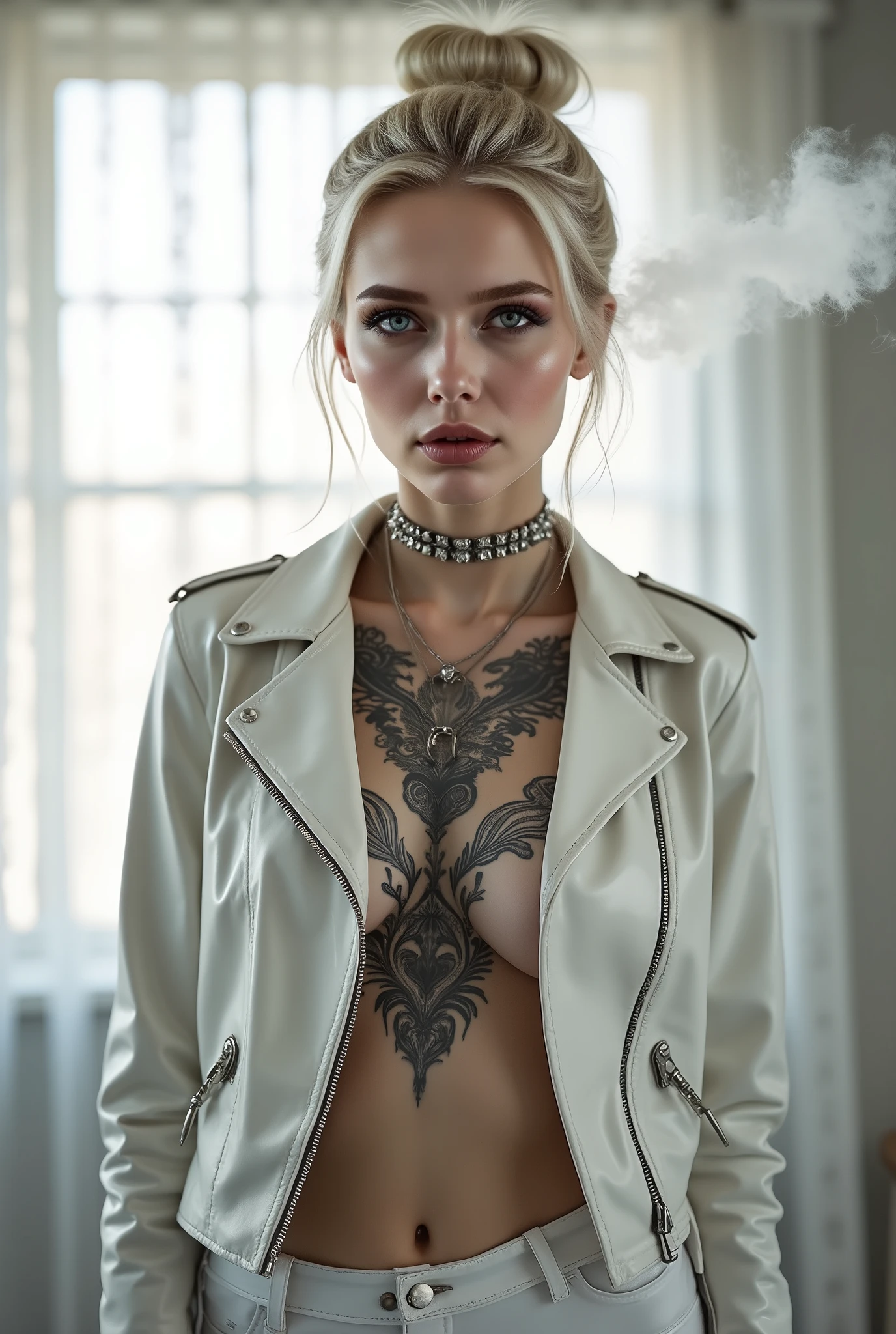 Photo of a pale fair-skinned 20 year old woman with white hair, looking at the camera. She is under a skintight white patent leather biker jacket, and white patent leather pencil skirt. Intricate dark tattoos on her . Narrow white leather choker decorated with steel spikes. Bellybutton piercing. She exhales a large cloud of smoke from her mouth. She is in a bright white bedroom, with sun streaming through the lace curtains. She looks content.