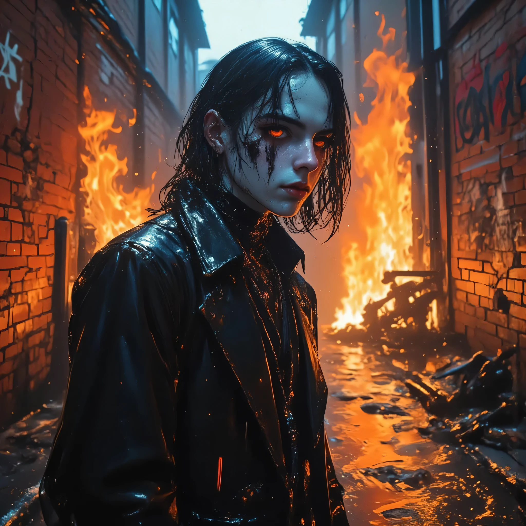 ultra detailed cinematic medium shot of The Crow, gothic avenger with pale makeup and black tears painted under his eyes, standing in a narrow alley lit by the glow of fire, rain mixing with smoke, black coat glistening with water and soot, eyes burning with emotion, small flames reflecting in puddles, cracked brick walls and graffiti behind him, cinematic composition with strong contrast between orange fire and cold blue rain, hyperrealistic texture of skin and leather, wet hair sticking to face, sparks in the air, dark atmosphere full of chaos and revenge, 8k realism, cinematic depth of field, ultra sharp focus, photorealistic color grading, emotional expression, dramatic shadows, movie lighting
Negative prompt:
watermark, signature, distortion, deformed limbs, bad proportions, cartoon, blur, low quality, low resolution, , duplicated face, extra fingers, poor , overexposure, underexposure, glitch, artifacts, missing elements, wrong lighting