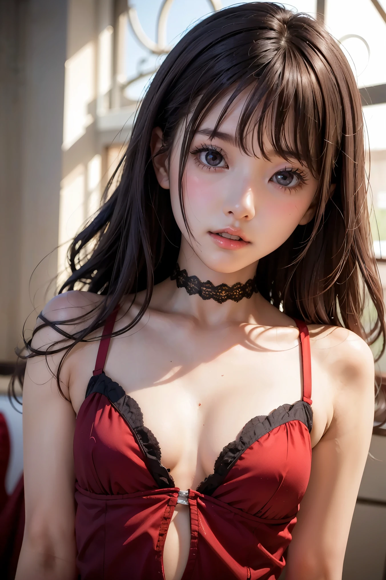 (masterpiece), (8k、original work 、High Quality:1.2),(contrast:1.2)、( dark hair、Dark Eyes:1.8)、(face close-up:1.6)、(portrait)、Slim Japanese Women,黒い髪, short dress with cutouts, straps, lace choker, thin body, charming, slender athletic model , cute young girl, silk, cute, detail dress with red eyes, silk fabric, small skinny thin 女の子, beautiful teen model , orgasms, joy, Binding, orgasms joy face, long hair under underwear,