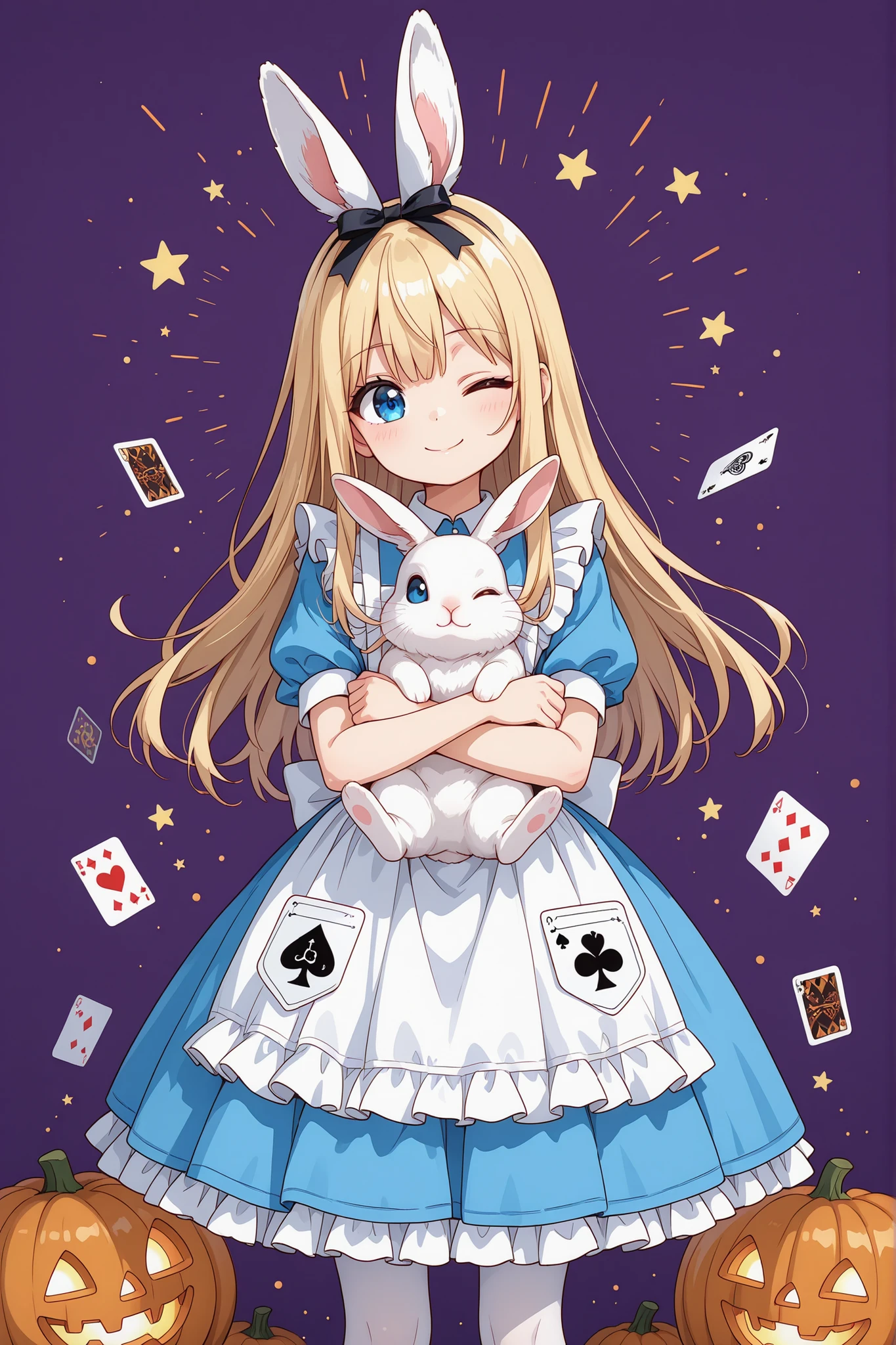 playing card, bird, halloween, dress, holding, star (symbol), animal ears, white apron, purple background, rabbit, jack-o'-lantern, 1girl, standing, solo, animal, card, pumpkin, pantyhose, smile, alice (alice in wonderland), long hair, short sleeves, ;), blue eyes, looking at viewer, holding animal, frills, apron, blue dress, blonde hair, animal hug, white pantyhose, one eye closed
