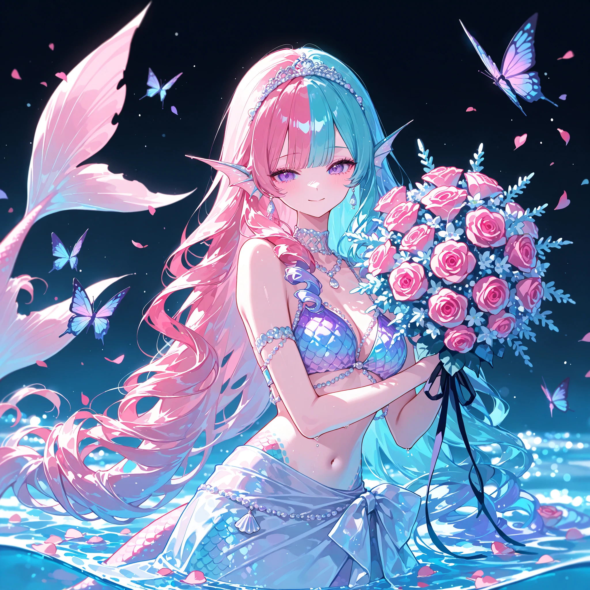(MULTICOLORED HAIR, TWO-TONE HAIR,MIX OF turquoise AND VIOLET-pink HAIR,SPLIT-COLOR HAIR,) The France Queen mermaid. She has pink skin covered with scales. She has pink ear fins with silver seashell earrings. she has a purple eyes. She has hair with ringlets strands,her bangs are curly , her hairstyle is gathered in Marie Antoinette's Pompadour decorated with pearly hairpins. She has a pink mermaid tail with lots of large butterfly-like fins. She wears a pearl seashell and lots of accessories. She wears a white sarong skirt with lots of pearl threads. She wears on her head a mother-of-pearl tiara made from pastel seashells roses. She's holding a bouquet in her arms. (On the background: purple night sky, turquoise sea, huge blooming coral decorated with roses. There are pink rose petals on the surface of the water.)