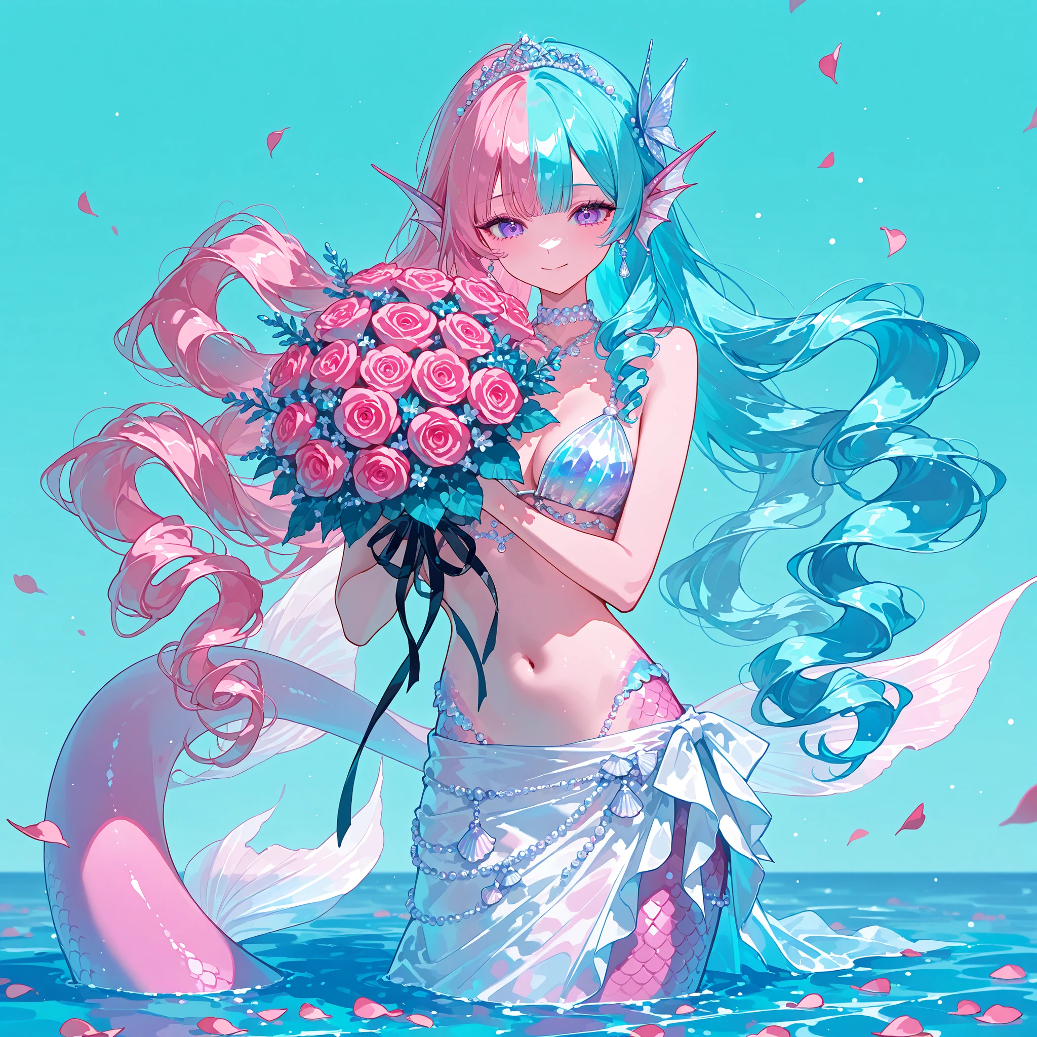 (MULTICOLORED HAIR, TWO-TONE HAIR,MIX OF turquoise AND VIOLET-pink HAIR,SPLIT-COLOR HAIR,) The France Queen mermaid. She has pink skin covered with scales. She has pink ear fins with silver seashell earrings. she has a purple eyes. She has hair with ringlets strands,her bangs are curly , her hairstyle is gathered in Marie Antoinette's Pompadour decorated with pearly hairpins. She has a pink mermaid tail with lots of large butterfly-like fins. She wears a pearl seashell and lots of accessories. She wears a white sarong skirt with lots of pearl threads. She wears on her head a mother-of-pearl tiara made from pastel seashells roses. She's holding a bouquet in her arms. (On the background: purple night sky, turquoise sea, huge blooming coral decorated with roses. There are pink rose petals on the surface of the water.)