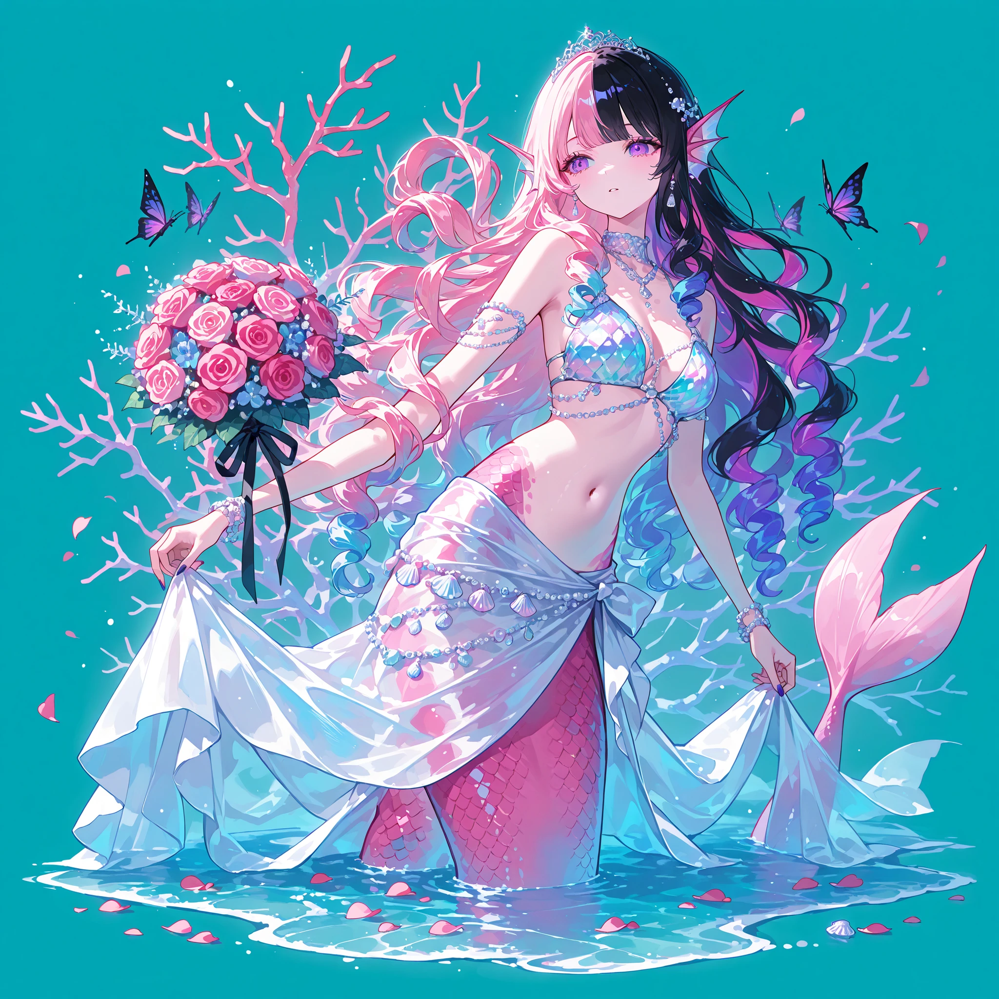 (MULTICOLORED HAIR, TWO-TONE HAIR,MIX OF turquoise AND VIOLET-pink HAIR,SPLIT-COLOR HAIR,) The France Queen mermaid. She has pink skin covered with scales. She has pink ear fins with silver seashell earrings. she has a purple eyes. She has hair with ringlets strands,her bangs are curly , her hairstyle is gathered in Marie Antoinette's Pompadour decorated with pearly hairpins. She has a pink mermaid tail with lots of large butterfly-like fins. She wears a pearl seashell and lots of accessories. She wears a white sarong skirt with lots of pearl threads. She wears on her head a mother-of-pearl tiara made from pastel seashells roses. She's holding a bouquet in her arms. (On the background: purple night sky, turquoise sea, huge blooming coral decorated with roses. There are pink rose petals on the surface of the water.)