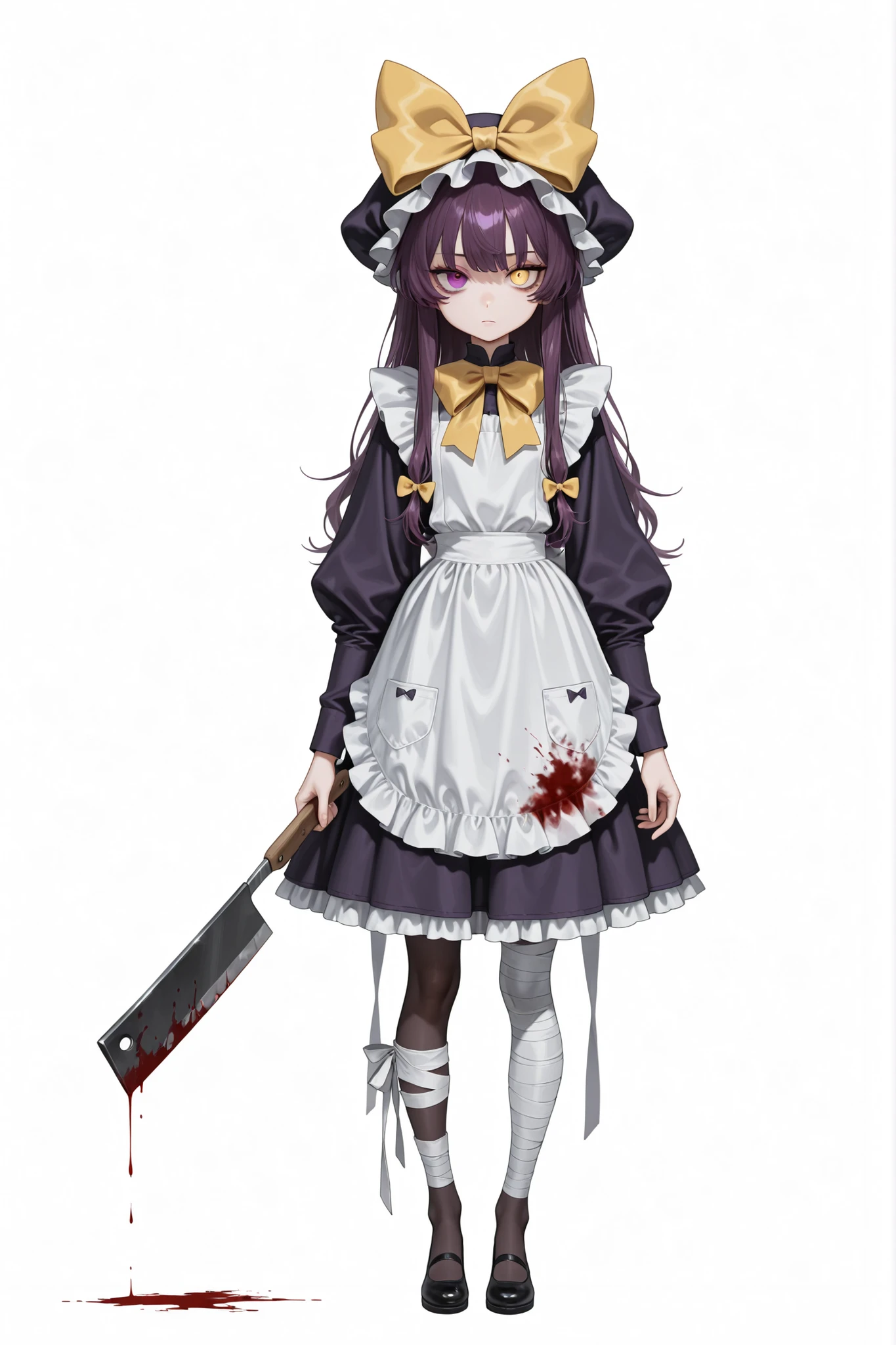 heterochromia, white background, hair bow, holding knife, dress, holding, hat, long sleeves, white apron, cleaver, purple eyes, bow, blood, full body, yellow bow, 1girl, standing, yellow eyes, solo, knife, pantyhose, long hair, closed mouth, simple background, looking at viewer, frills, apron, bandages, puffy sleeves, bandaged leg