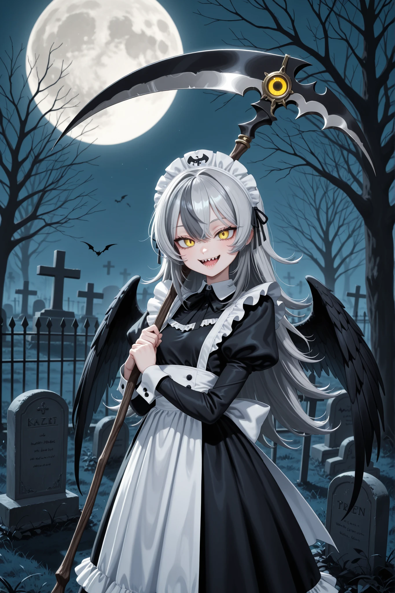 black dress, juliet sleeves, tree, open mouth, dress, holding scythe, full moon, holding, long sleeves, scythe, 1girl, yellow eyes, sharp teeth, solo, outdoors, smile, night, long hair, tombstone, grey hair, teeth, looking at viewer, wings, maid headdress, fence, multicolored hair, puffy sleeves, moon, graveyard,  tree, virtual youtuber


