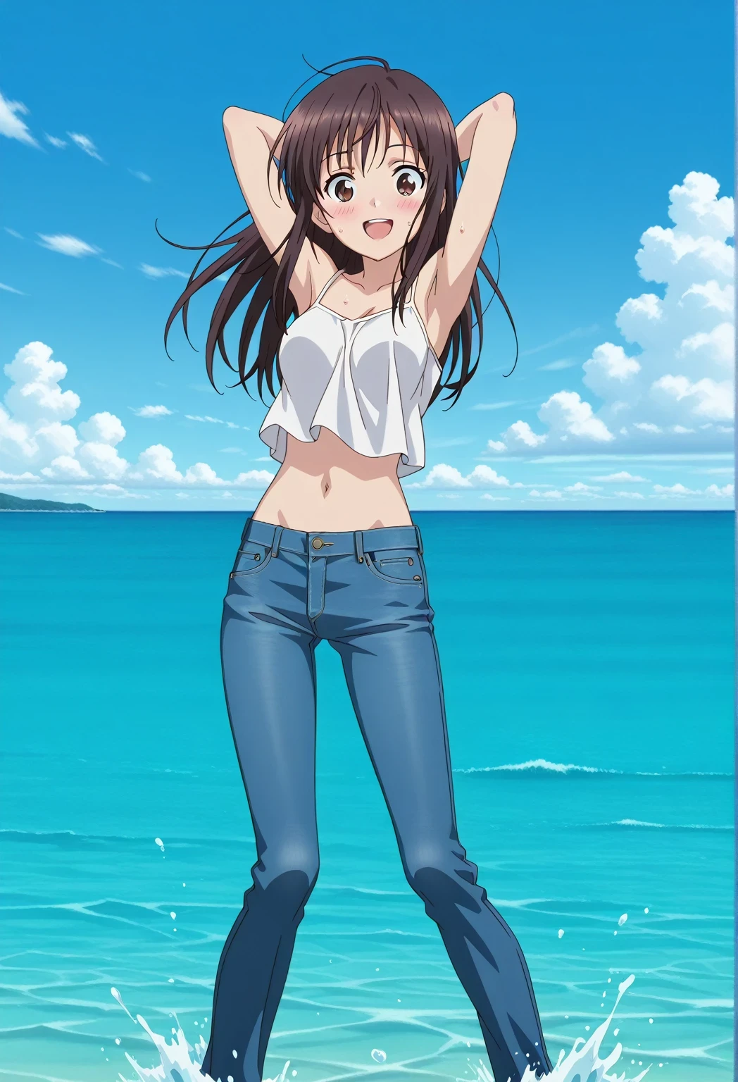 score_9, score_8_up, score_7_up, source_anime, highres, hi res, ((best quality, top quality, perfect quality, Highest Quality, amazing quality)), {{masterpiece}}, {{an extremely delicate and beautiful}}, 2d, intricate details, official style, anime, 8k, anime style, official_anime, official art, digital painting, cell shading, soft shading, high resolution, soothing tones, Subdued Color, Soft cinematic light, adobe lightroom, photolab, HDR, intricately and hyper-detailed, ((high quality animation)), 1 girl, Alone, solo, ((ocean)), tsunami, on the water, day, sunny, outdoors, sky, windy, Sei Takanashi, The Saint’s Magic Power Is Omnipotent, dark brown eyes, dark brown hair, long hair, anime screencap, medium breasts, white camisole top, crop top, white crop top, best quality, hyper-detailed jeans, ((blue jeans:1.9)), (dark blue jeans:0.6), full medium body, medium shot, Open mouth, smiling, happy face, blush, sweat, standing, ((arms behind head:6.0)), ((perfect arm line:2.5)), bowlegged, jumping pose, action, looking at viewer, spread legs, Bend knees slightly, straight-on front view