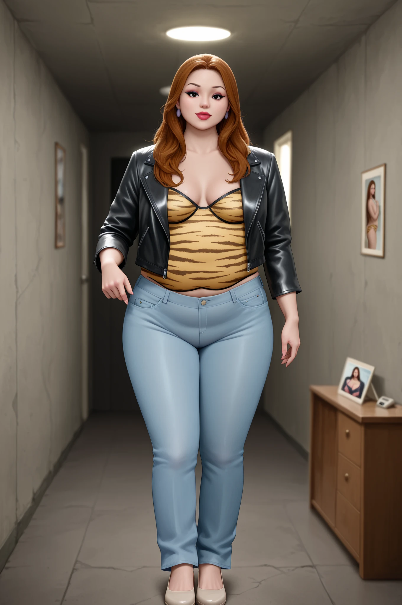 Debra, small . Pale red lipstick, brown hair, black eyes, pale red makeup, long hair, thick , chubby, overweight, chubby, fat, mature woman..| (realistic, photo-realistic, depth of field:1.37), ultra-detailed, (realistic skin), 1girl, leather jacket, jeans,  underground, road, concrete, makeup, eyeshadow, 1980s (style), retro artstyle, cheerful, full body, looking at viewer, hyper-detailed, (8k uhd::1.4), intense atmosphere, detailed clothing, dramatic lighting, detailed hand focus style, detailed, detailed face, (perfect hands) , ,  camaltoe, tiger print  scenery, bedroom, interior 