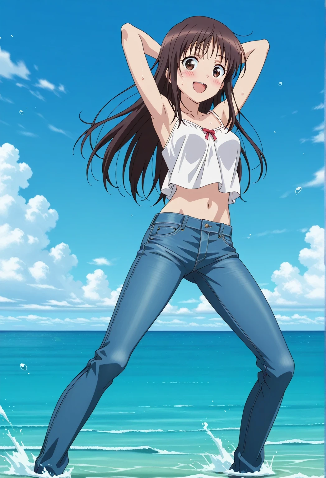 score_9, score_8_up, score_7_up, source_anime, highres, hi res, ((best quality, top quality, perfect quality, Highest Quality, amazing quality)), {{masterpiece}}, {{an extremely delicate and beautiful}}, 2d, intricate details, official style, anime, 8k, anime style, official_anime, official art, digital painting, cell shading, soft shading, high resolution, soothing tones, Subdued Color, Soft cinematic light, adobe lightroom, photolab, HDR, intricately and hyper-detailed, ((high quality animation)), 1 girl, Alone, solo, ((ocean)), tsunami, on the water, day, sunny, outdoors, sky, windy, Sei Takanashi, The Saint’s Magic Power Is Omnipotent, dark brown eyes, dark brown hair, long hair, anime screencap, medium breasts, white camisole top, crop top, white crop top, best quality, hyper-detailed jeans, ((blue jeans:1.9)), (dark blue jeans:0.6), full medium body, medium shot, Open mouth, smiling, happy face, blush, sweat, standing, ((arms behind head:6.0)), ((perfect arm line:2.5)), bowlegged, jumping pose, action, looking at viewer, spread legs, Bend knees slightly, straight-on front view