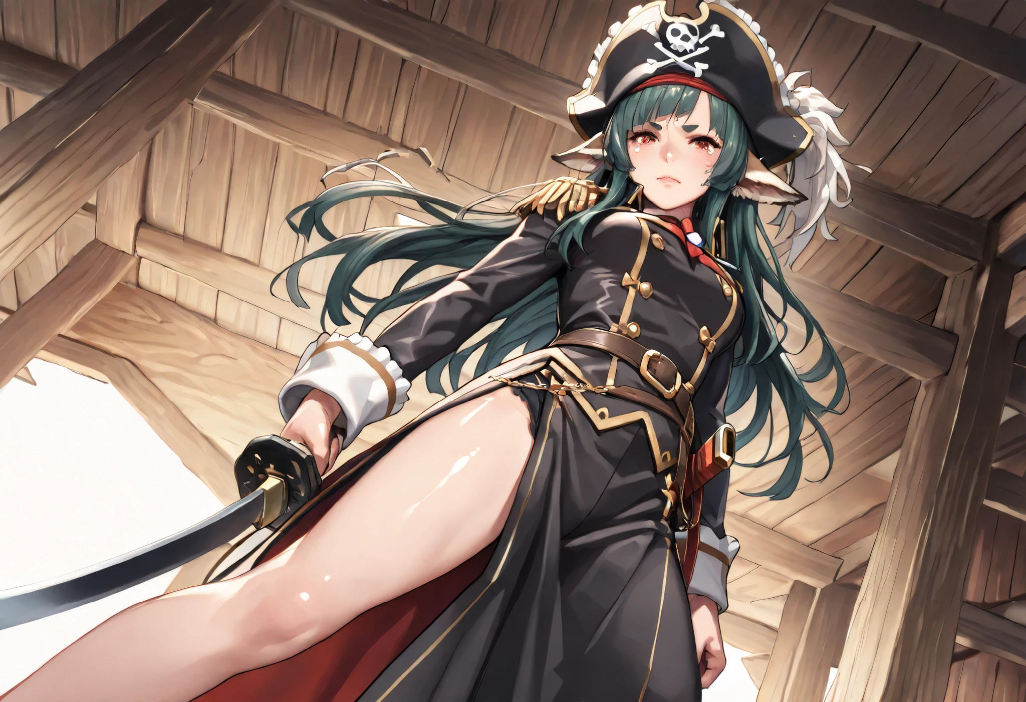 (masterpiece, Highest Quality, perfect face:1.4), wide angle, ///skin///
shiny glistening skin, (healthy skin), smooth and shiny skin,
///body///
skinny, (slender:0.8), (curvy:0.4), (tight:0.5), (thin waist:0.4), medium breasted, (saggy breasts:0.7), ( supermodel , Tiny Head), ((wide hips, thighs are thick):0.5), (slim leg:0.7), Long Legs,
///My hair///
(shiny black My hair), super long straight My hair, (short bang), Blunt Bang, homecut, (A-line bob cut:0.8), (side locks cover her ears),
///eye, eyebrows, lips///
super fine eye, crimson-red eye, (black slit pupils), moist and shiny eye, Thin and short eyebrows, (Tears), shiny fresh lips, (red thin lips:0.8),
///Clothes///
BREAK, pirate costume, Pirate Hat, skirt, buttocks under pants, jacket, shirt, BREAK, closely at, (Remove the scabbard and draw a Japanese sword), (sheath ), (Place your hand on the Japanese sword pattern), (Blade Simelin ), perspective, (Blade Simelin ), BREAK, serious expression, realistic skin, HDR, BREAK, Good move,