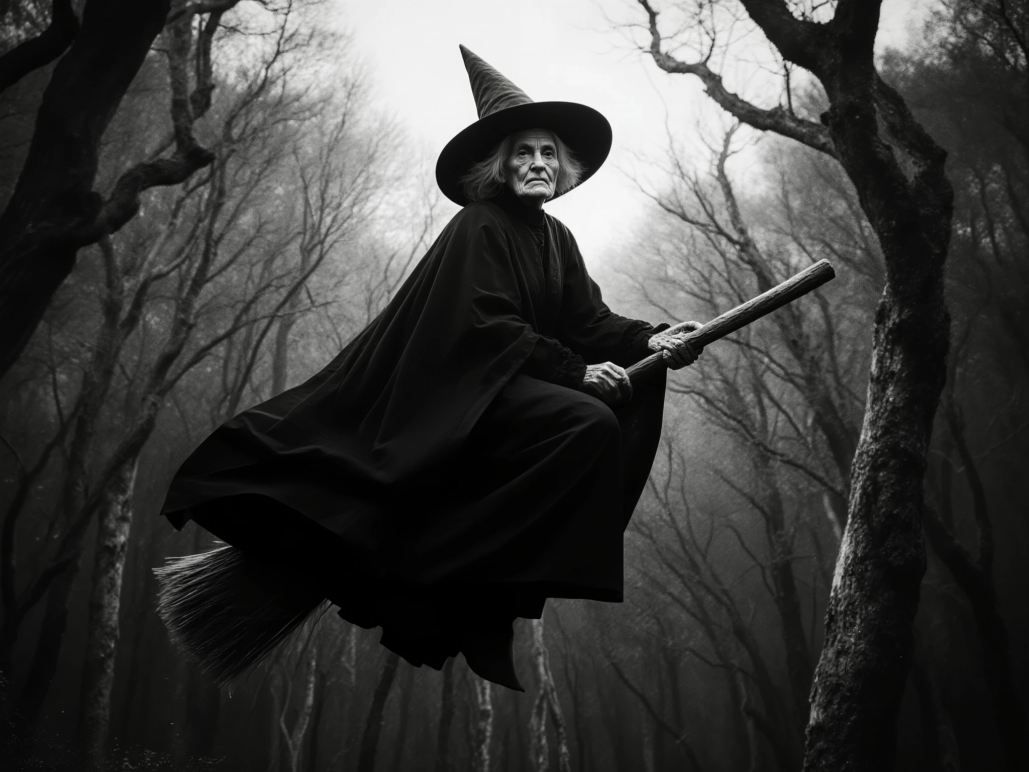An ultra-realistic black and white photograph of a classic old witch flying on her broomstick above a dense, ancient forest. She wears a traditional pointed witch hat and layered black robes that move naturally with the wind. Her aged skin shows fine wrinkles and real texture, her sharp eyes focused forward, illuminated softly by natural moonlight. The forest below is richly detailed — twisted trunks, rough bark, and deep shadows creating real depth and contrast. The image has precise focus and cinematic depth of field, with sharp contours and tangible textures. Captured on Ilford HP5 analog film, featuring authentic film grain, balanced highlights and shadows, and realistic contrast — evoking a grounded, believable dark fantasy mood.