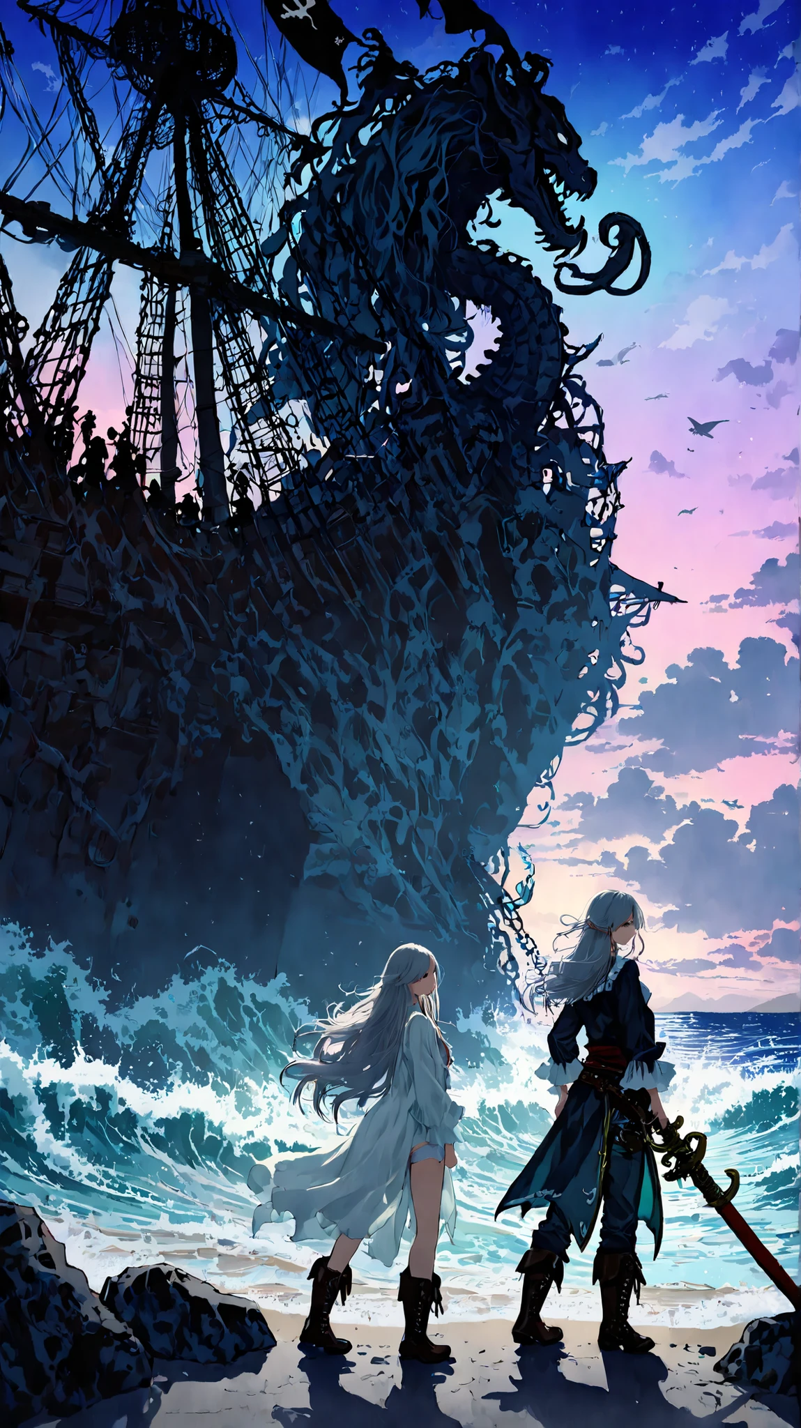 1 Gil, (pirate girl: 1.5), Pirate Hat, (long hair under underwear: 1.7), (gray hair: 1.2), short white Pirate shirt, (Pirate shirt: 1.2), (neckline: 1.4), Thick belt, Ripped black pirate pants, (Return to viewer: 2.0), (boots: 1.4), is holding 2 Rustic weapon, (Rustic weapon: 1.6), Grey water ocean, (Dark Sea: 1.4), Rough with strong waves々Fresh water ocean, Wrecked wooden pier, Rocks blocking the waves, Snake-like monster emerging from the sea, (Kraken monster: 1.4), on top of the rocks the pirate girl facing the sea monster, Wrecked pirate ship by sea, (Wrecked pirate ship: 1.5), (realism: 1.0), (shadows: 1.4), (fine detail: 1.5), (brightness: 1.2), (Sparks floating in the sky: 1.1), , (super real) , {Highly detailed 8k CG unit wallpaper} , Expansive Landscape Pictures , (Low perspective prioritizing the whole scene , (Vast outdoor scenery) , (low angle shot) , (high light: 1 . 5) , ( low light: 1 . 0) , (Warm light source: 1 . 0) , complicated details , (Iridescent colors: 1 . 5) , (bright lights) , (Atmospheric lighting)