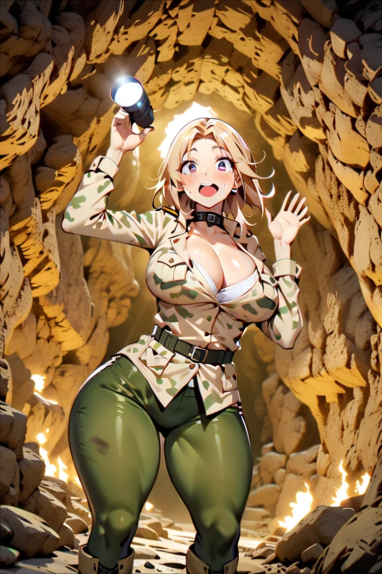 score_9_up,score_8_up,score_7_up,score_6_up,score_5_up,score_4_up,(((1 girl))),(((solo))),(pekomama),(((milf))), thick eyebrows, droopy eyes,(sexy lips),(((mature female))),(((open eyes))),dirty face,big breasts,big ass,(((camouflage uniform ))),(((military pants))),(((military boots))),(((surprised ))),(((sweat))),((stylish pose )),(((looking at air))),holding flashlight by hand , ruanyi0934,cave,cave interior, at night,(darkness),angle from below,