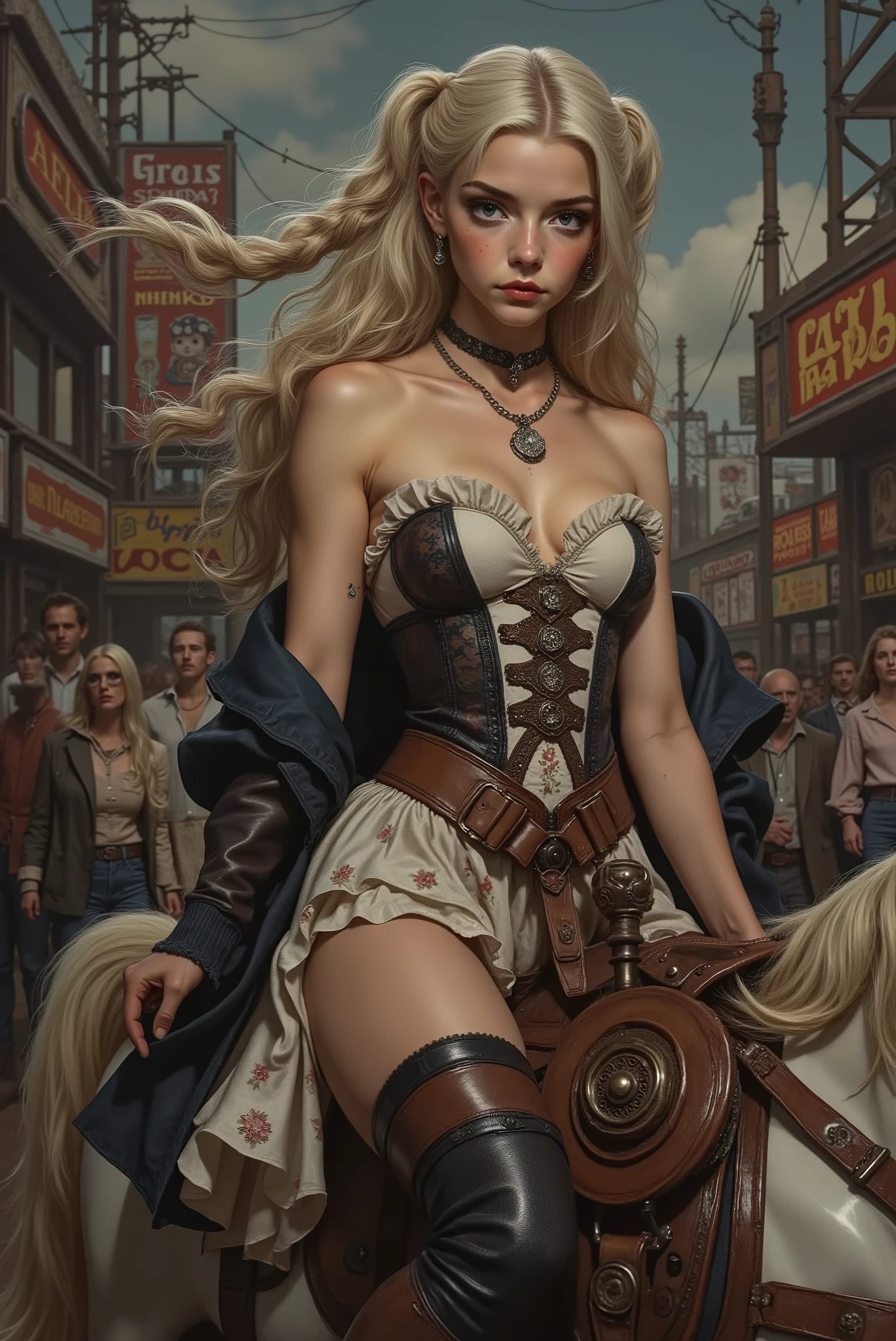 a full 3/4 side view, we can see her full body, she is weaaring a tiny and  floral hippie strapless dress that's revealing a white lace corset and a leather jacket , She sits upright and  while holding the horse's reins in her hands. legs spread, on top of a mechanical steampunk horse. her Appearence: 18+ blonde Slavic teen girl, pale skin with tan lines, perfect slanted eyes, pink freckles (Detailed likness of Anya Taylor-Joy's face, highlighting her iconic facial structure with large almond-shaped eyes, high cheekbones, slender elongated face, softly pointed chin, and full, naturally shaped lips. Porcelain skin with subtle freckles and smooth texture. 
Body: Slim athletic body, small cute , pink puffy , twin-tail hair. with thin thighs, wide round , cute flat freckled , fresh faced girl, (natural eyelashes), prettiest schoolgirl, (innocent eyes), (petite ), two slender legs
Hair: Silver-blonde hair styled in two thick braided pony tails, with gradient of chewing gum pink at the tips.
. Her eyes are deep and dark blue, she has an state of the art vintage white victorian cameo  on her  held by a diamond necklace, she is riddng a steampunk mechanical horse in the middle of a town fair surrounded by atractions and colorful circus billboards.