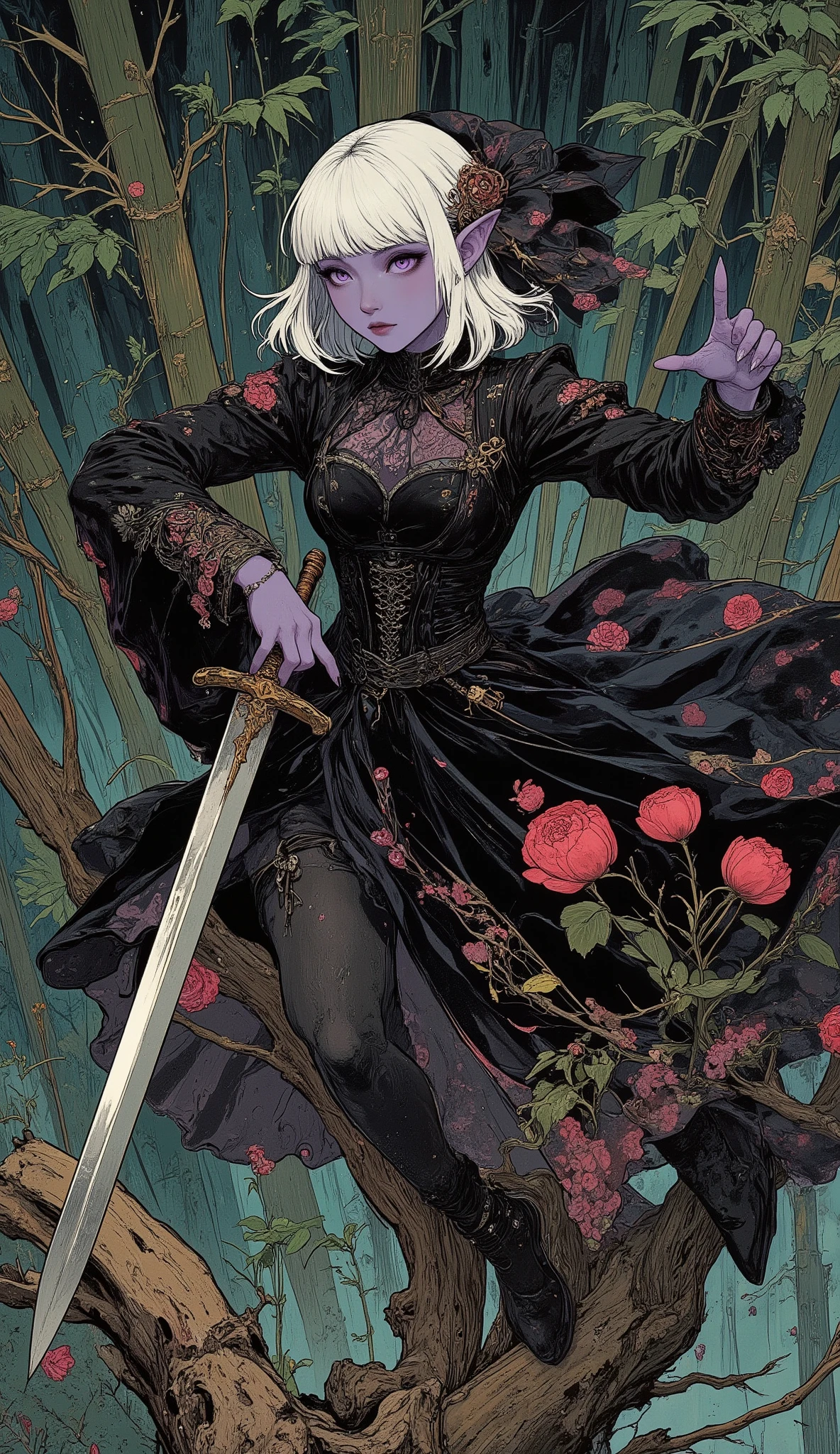 (The fusion of ukiyo-e and dark fantasy. Aesthetic, gothic-style digital art. Detailed facial rendering. A mysterious woman wearing a veil.) BREAK
(Translucent white hair. Straight-across bangs. White eyebrows. Long white eyelashes. Almond-shaped eyes. Lavender-colored irises. Thick, dark eyeliner. Small pink lips. Slightly pointed ears. Dark purple skin. Small, slender limbs. Thin fingers. White nails. Draw one thumb and four fingers precisely.) BREAK
(The young dark elf swordswoman, her eyes sharp, landed with both feet together on a thick bamboo stalk bent low above the dense bamboo forest. Twisting her body dramatically, she gripped the hilt of her greatsword with both hands and swung it back in a wide arc. She wore a medieval noble-style lace-up dress of jet-black velvet embroidered with deep crimson tulip flowers, paired with black stiletto heels woven with soft, slender black cords. The scene was depicted from a bird's-eye view looking down upon her, with speed lines radiating outwards from her body.)