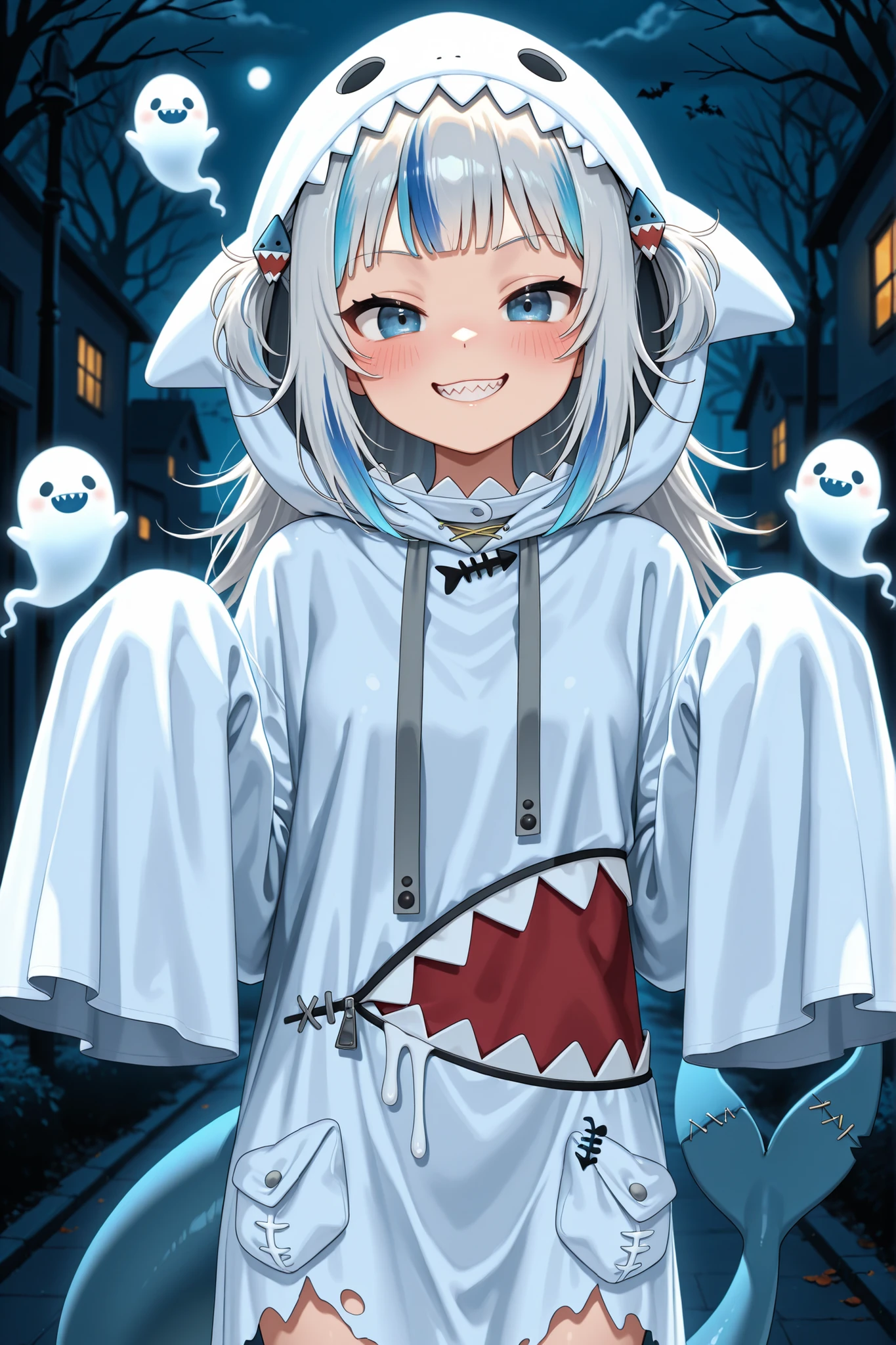 ghost costume, hair ornament, grin, halloween, sleeves past wrists, 1girl, solo, sleeves past fingers, fish tail, smile, night, long hair, streaked hair, ghost, blue hair, blue eyes, tail, looking at viewer, hood, blush, multicolored hair, twintails, fins, blonde hair, gawr gura, virtual youtuber