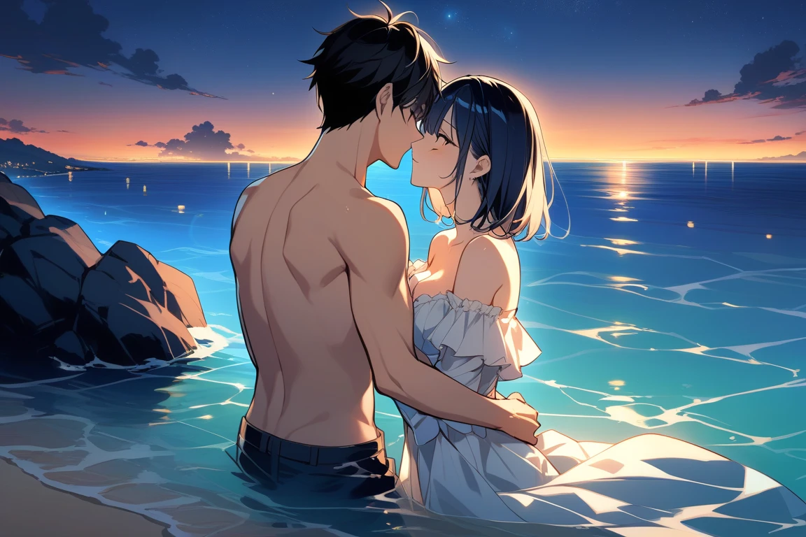 shinkai makoto, kimi no na wa., 1girl, 1boy, bangs, black hair, short hair, blush, (boy wear casual clothes, shorts), ((girl wear white bikini and white short skirt, collarbone, red headband)),  shoulders, -legged, passionate hug, Sweet sigh, cute, love, couple, adorable, dating, (((kiss, . saliva, tongue))), closed eyes, summer, beach, cloudy, sunset sky, evening, sunlight, upper-body