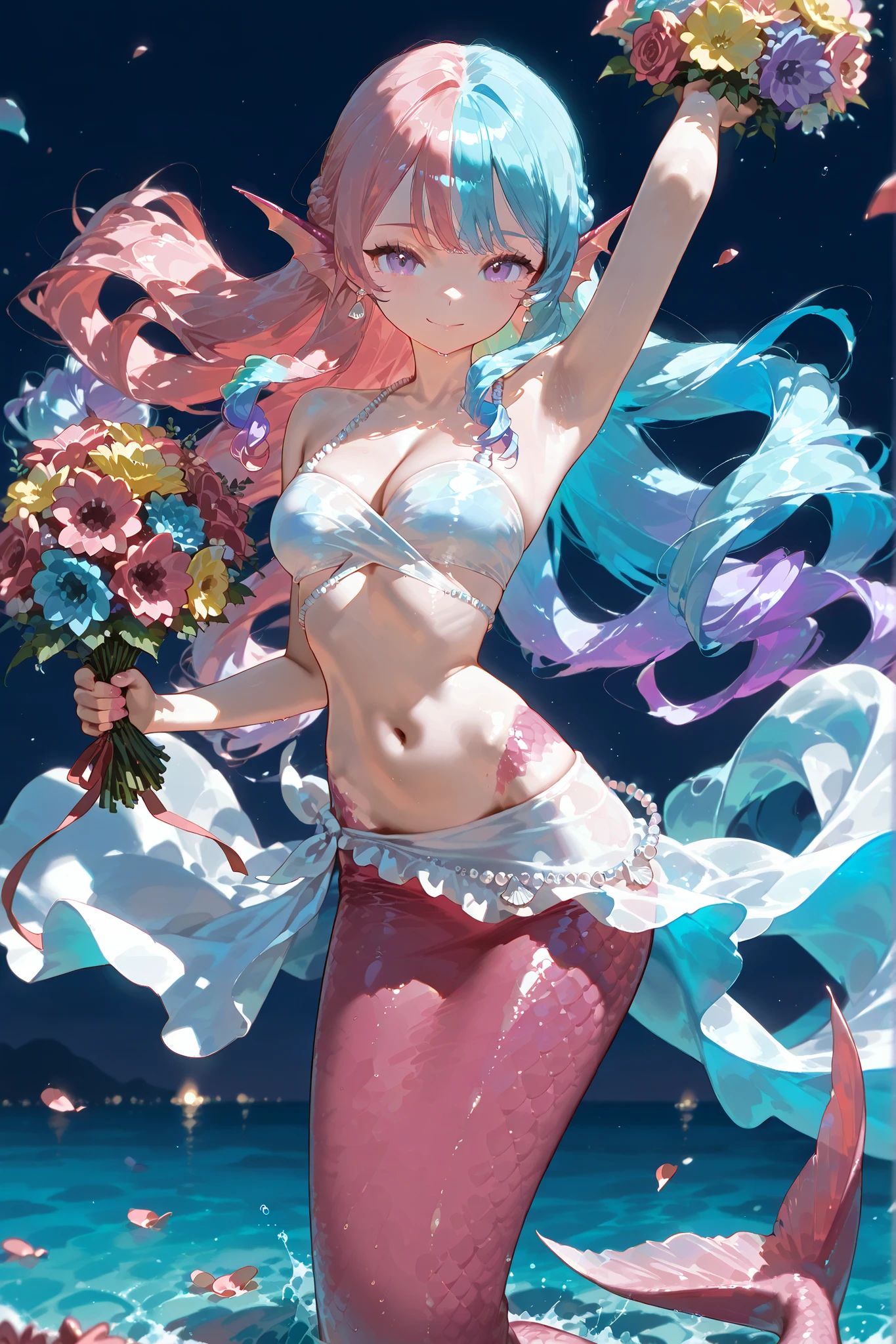 (merfolk, mermaid tail, scales,)(MULTICOLORED HAIR, TWO-TONE HAIR,MIX OF turquoise AND VIOLET-pink HAIR,SPLIT-COLOR HAIR,) The France Queen mermaid. She has pink skin covered with scales. She has pink ear fins with silver seashell earrings. she has a purple eyes. She has hair with ringlets strands,her bangs are curly , her hairstyle is gathered in Marie Antoinette's Pompadour decorated with pearly hairpins. She has a pink mermaid tail with lots of large butterfly-like fins. She wears a pearl seashell and lots of accessories. She wears a white sarong skirt with lots of pearl threads. She wears on her head a mother-of-pearl tiara made from pastel seashells roses. She's holding a bouquet in her arms. (On the background: purple night sky, turquoise sea, huge blooming coral decorated with roses. There are pink rose petals on the surface of the water.)