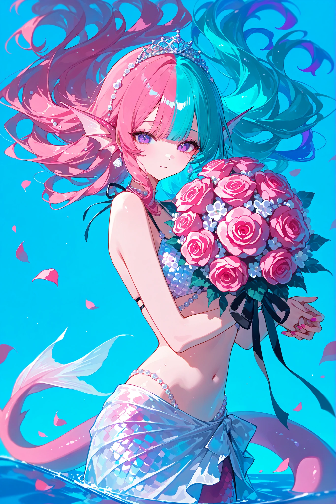 (MULTICOLORED HAIR, TWO-TONE HAIR,MIX OF turquoise AND VIOLET-pink HAIR,SPLIT-COLOR HAIR,) The France Queen mermaid. She has pink skin covered with scales. She has pink ear fins with silver seashell earrings. she has a purple eyes. She has kinky hair with ringlets strands,her bangs are curly , her hairstyle is gathered in Marie Antoinette's Pompadour decorated with pearly hairpins. She has a pink mermaid tail with lots of large butterfly-like fins. She wears a pearl seashell bikini and lots of accessories. She wears a white sarong skirt with lots of pearl threads. She wears on her head a mother-of-pearl tiara made from pastel seashells roses. She's holding a bouquet in her arms. (On the background: purple night sky, turquoise sea, huge blooming coral decorated with roses. There are pink rose petals on the surface of the water.)