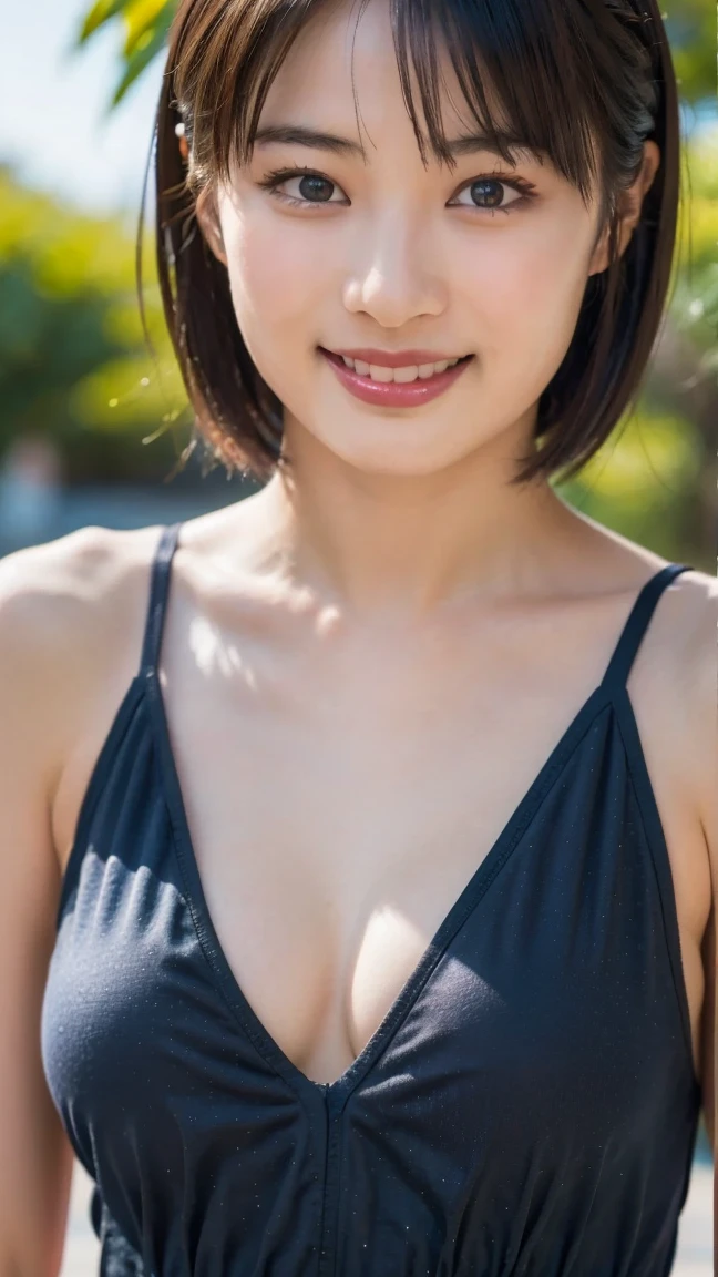 :1.5,((highest quality、8K resolution、master masterpiece、portrait:1.3)), Photoreal, 35mm film, 1 Japanese female, Upper body,Beautiful woman, on the street during the day, wrinkles around the eyes, plump body、short hair_boyish、smile,((black  swimsuits:1.3)) , (outdoor:city street 1.3), jumbled background,look at the audience,Tokyo cityscape:1.3,laugh