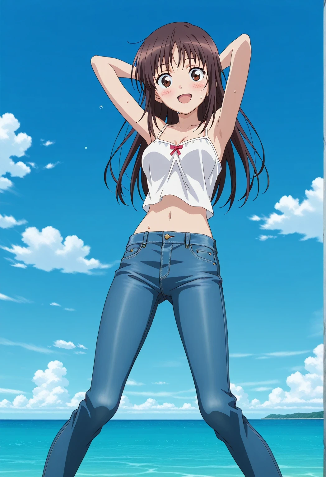 score_9, score_8_up, score_7_up, source_anime, highres, hi res, ((best quality, top quality, perfect quality, Highest Quality, amazing quality)), {{masterpiece}}, {{an extremely delicate and beautiful}}, 2d, intricate details, official style, anime, 8k, anime style, official_anime, official art, digital painting, cell shading, soft shading, high resolution, soothing tones, Subdued Color, Soft cinematic light, adobe lightroom, photolab, HDR, intricately and hyper-detailed, ((high quality animation)), 1 girl, Alone, solo, ((ocean)), tsunami, on the water, day, sunny, outdoors, sky, windy, Sei Takanashi, The Saint’s Magic Power Is Omnipotent, dark brown eyes, dark brown hair, long hair, anime screencap, medium breasts, white camisole top, crop top, white crop top, best quality, hyper-detailed jeans, ((blue jeans:1.9)), (dark blue jeans:0.6), full medium body, medium shot, Open mouth, smiling, happy face, blush, sweat, standing, ((arms behind head:6.0)), ((perfect arm line:2.5)), bowlegged, jumping pose, action, looking at viewer, spread legs, Bend knees slightly, straight-on front view