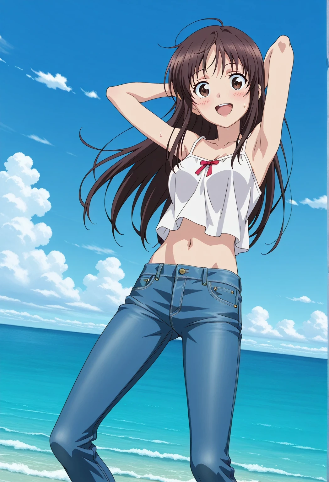 score_9, score_8_up, score_7_up, source_anime, highres, hi res, ((best quality, top quality, perfect quality, Highest Quality, amazing quality)), {{masterpiece}}, {{an extremely delicate and beautiful}}, 2d, intricate details, official style, anime, 8k, anime style, official_anime, official art, digital painting, cell shading, soft shading, high resolution, soothing tones, Subdued Color, Soft cinematic light, adobe lightroom, photolab, HDR, intricately and hyper-detailed, ((high quality animation)), 1 girl, Alone, solo, ((ocean)), tsunami, on the water, day, sunny, outdoors, sky, windy, Sei Takanashi, The Saint’s Magic Power Is Omnipotent, dark brown eyes, dark brown hair, long hair, anime screencap, medium breasts, white camisole top, crop top, white crop top, best quality, hyper-detailed jeans, ((blue jeans:1.9)), (dark blue jeans:0.6), full medium body, medium shot, Open mouth, smiling, happy face, blush, sweat, standing, ((arms behind head:6.0)), ((perfect arm line:2.5)), bowlegged, jumping pose, action, looking at viewer, spread legs, Bend knees slightly, straight-on front view