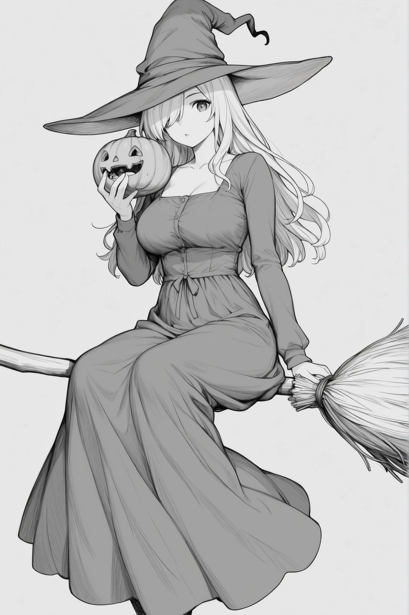 broom riding, long dress, white background, dress, holding, hat, long sleeves, monochrome, jack-o'-lantern, vegetable, holding food, 1girl, solo, hair over one eye, pumpkin, broom, long hair, sidesaddle, holding vegetable, simple background, witch hat, looking at viewer, greyscale, breasts, witch, sitting